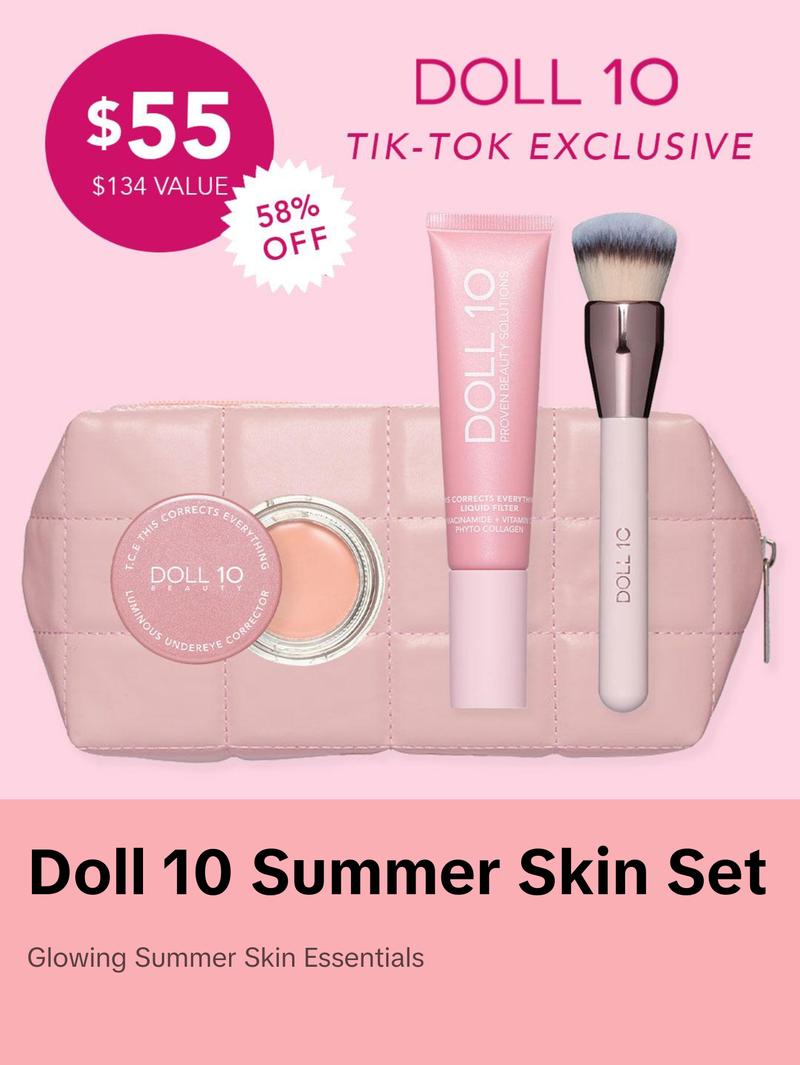 Summer Skin Bundle | Liquid Filter, Smoothing Filter Brush, Luminous Undereye Corrector, and Quilted Pink Makeup Bag