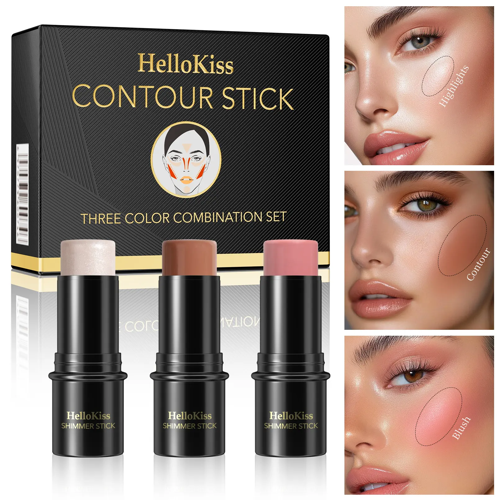3-in-1 Concealer Stick Set – Creamy Highlight, Contour & Blush Sticks with Full-Coverage, Blendable, Waterproof, Smudge-Proof, Long-Lasting, Buildable Formula for Sculpted Radiant Look, Ideal for Daily Makeup & Travel, Beauty Cosmetics, Glam