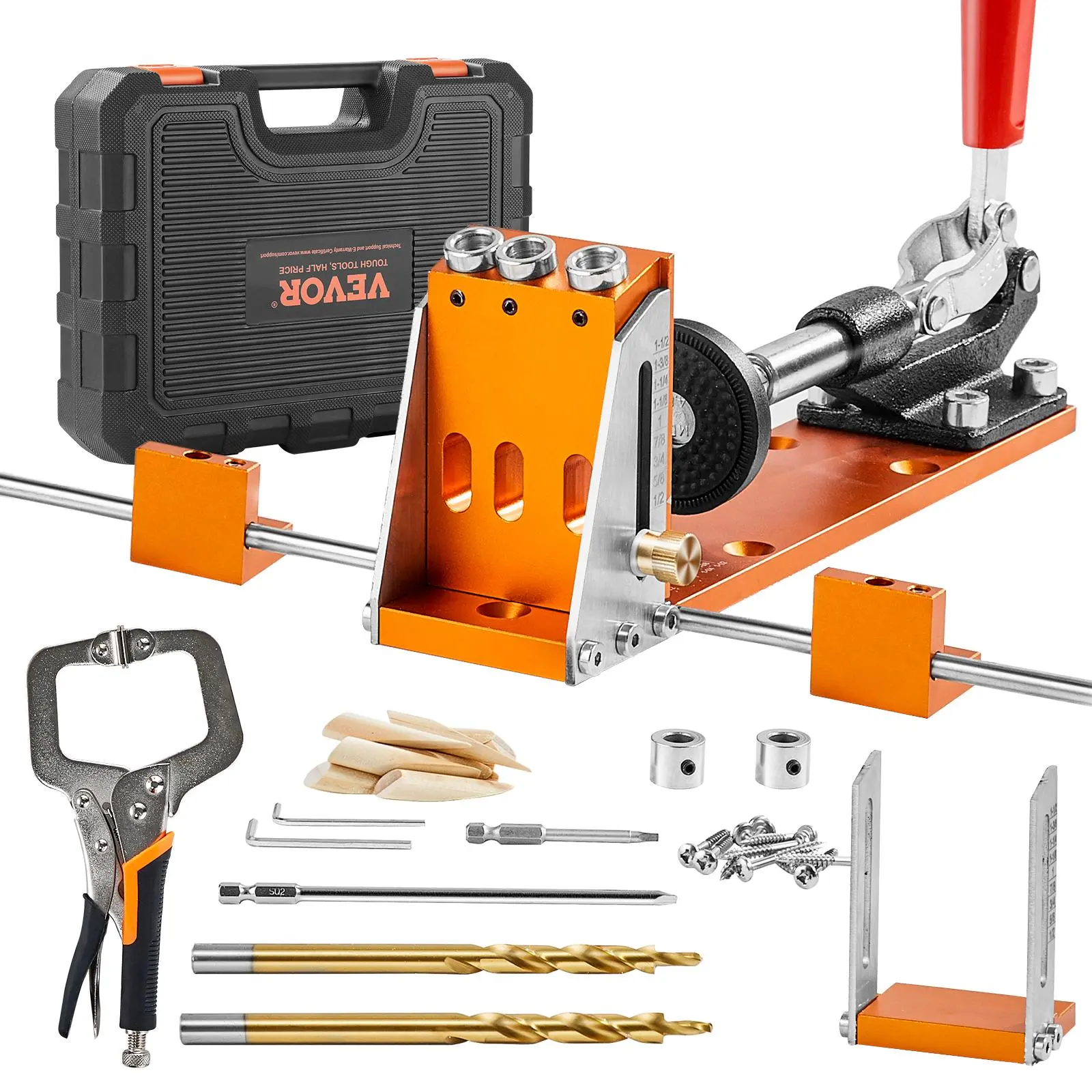 【summerfinds】VEVOR Pocket Hole Jig Kit, 34 Pcs Pocket Hole Jig System with 11" C-clamp,  Fixture, Step Drills, Wrenches, Drill Stop Rings, Square Drive Bits, Toolbox, Adjustable, for DIY Carpentry Projects, Hand Tools Kits, Multifunctional Tool Kit,fat