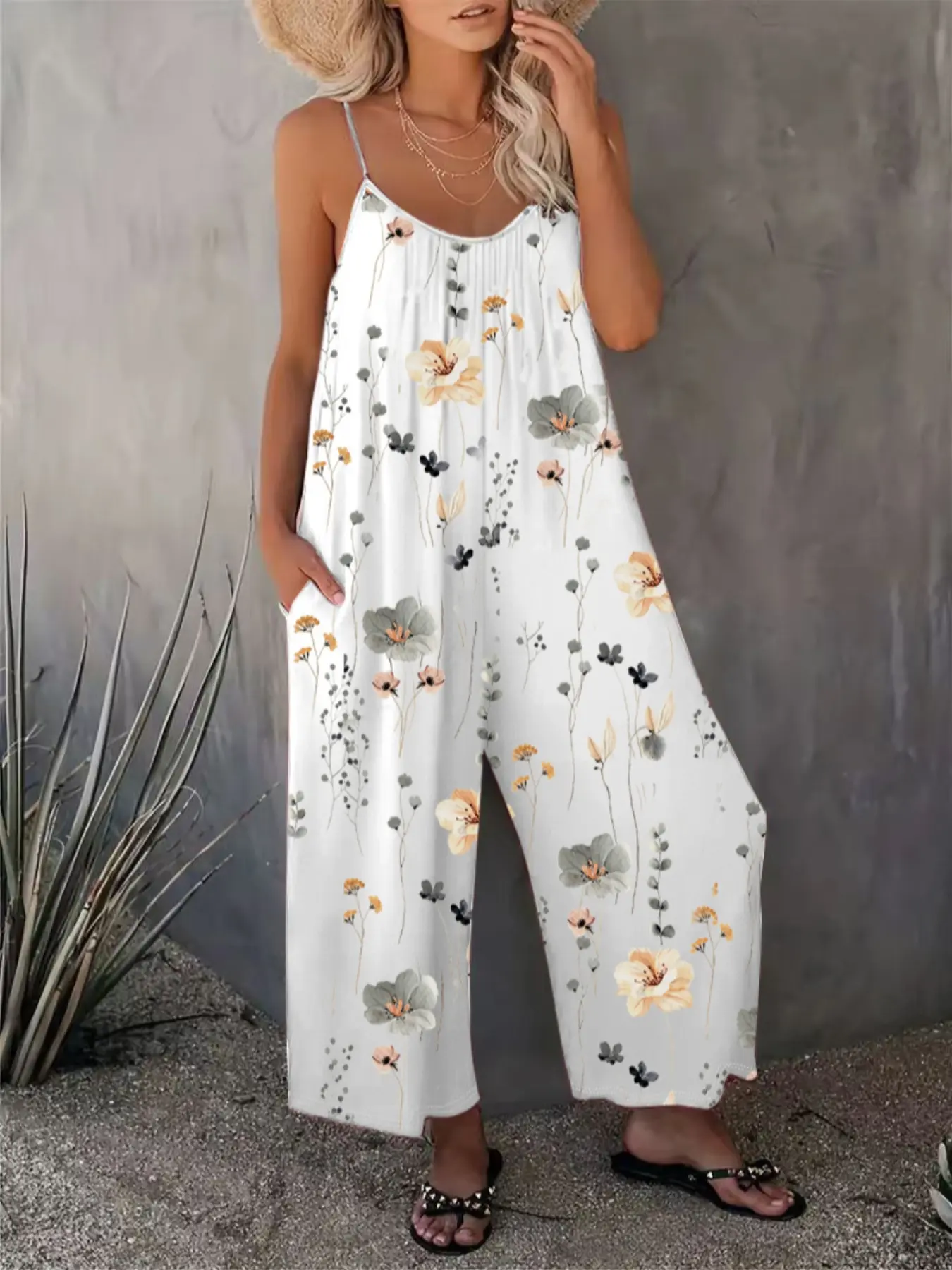 Comfortable Loose Floral Jumpsuit, Sleeveless, Perfect Vacation Selection, Just Right Pocket Design, U Neck Ruched Fit, Precise Tailoring