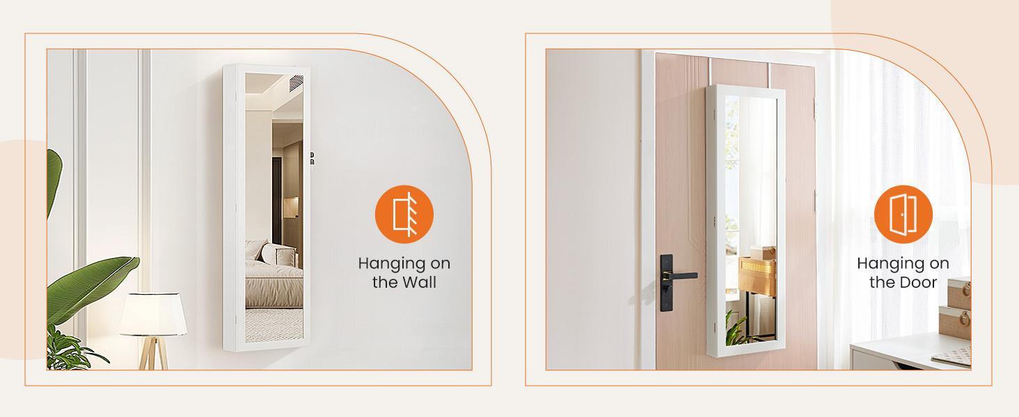 Full-Length Mirrored Jewelry Cabinet with Built-In Makeup Mirror, White Lockable Storage Cabinet with 2 Drawers