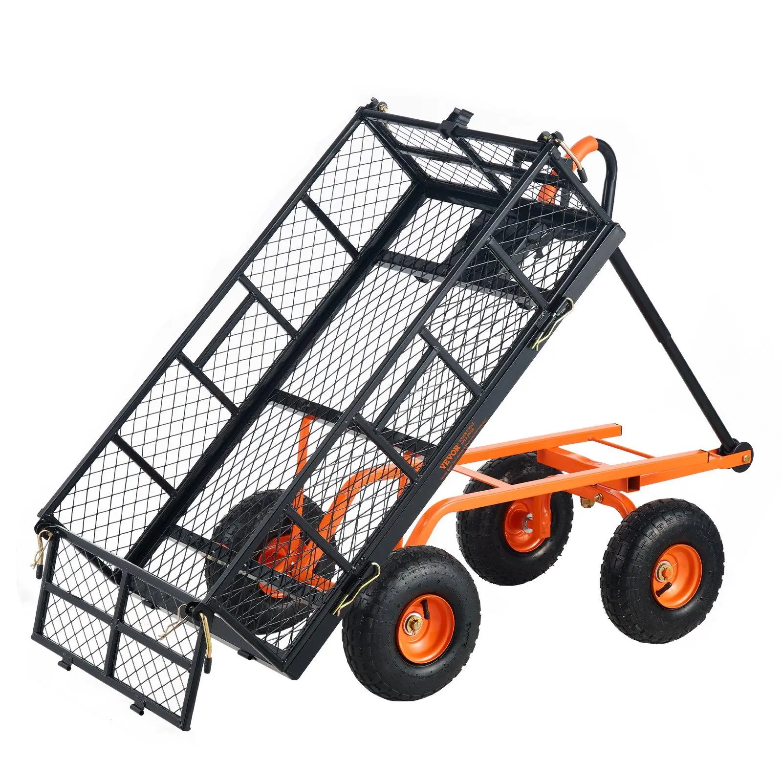 【SummerFinds】VEVOR Metal Garden Dump Cart with Easy to Assemble Frame, Dump Wagon with 2-in-1 Convertible Handle, Utility Wheelbarrow Max 880 lbs Capacity, 10 inch Tires