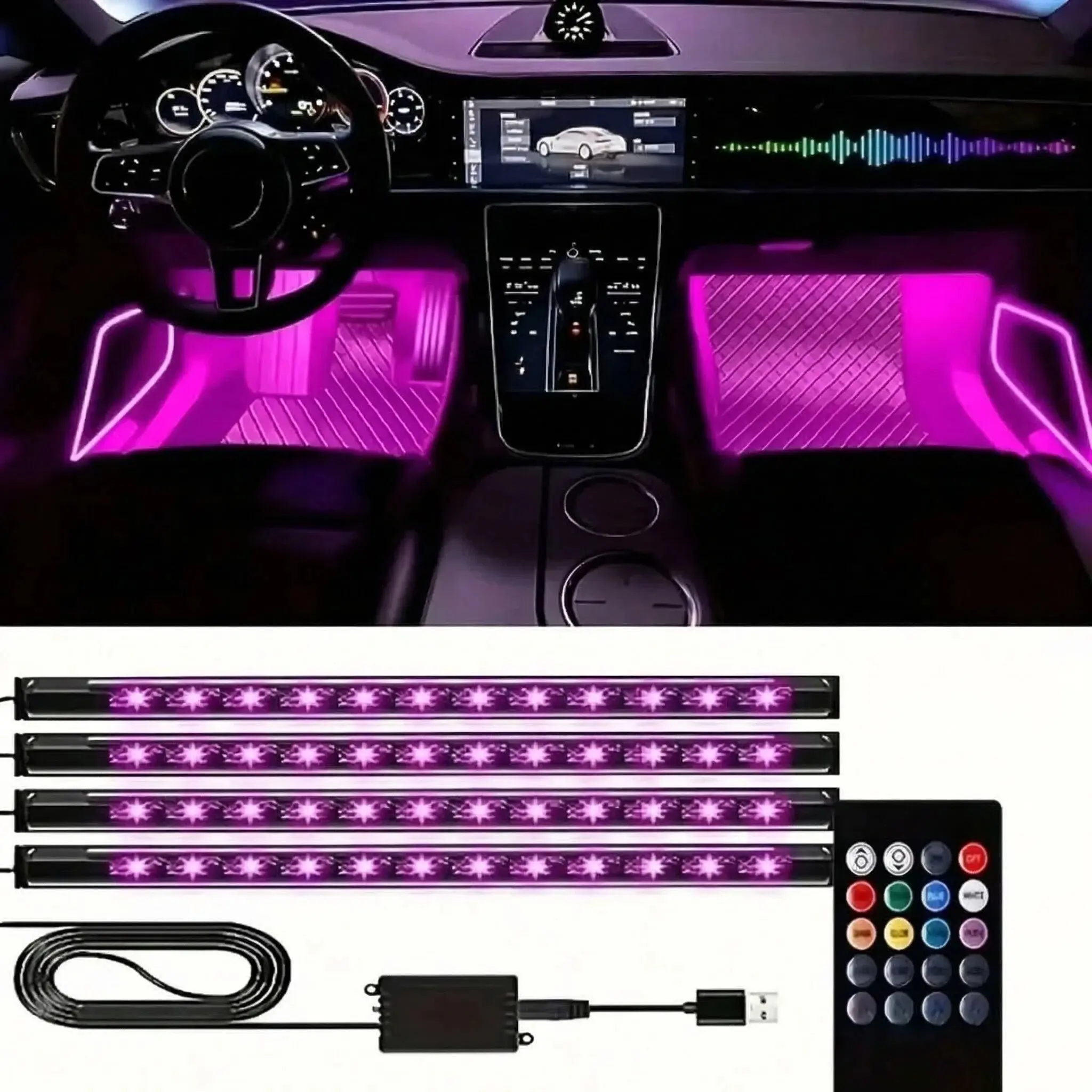 Car LED Strip Lights 4Pcs 48 LED Interior Multicolor Music Car Strip Light Under Dash Lighting Kit with Sound Active Function Remote Controller DC12VDual Mode RGB FootLights WirelessAmbient  underglow kit atmosphere lamp mode sync Car Door Led rock lights