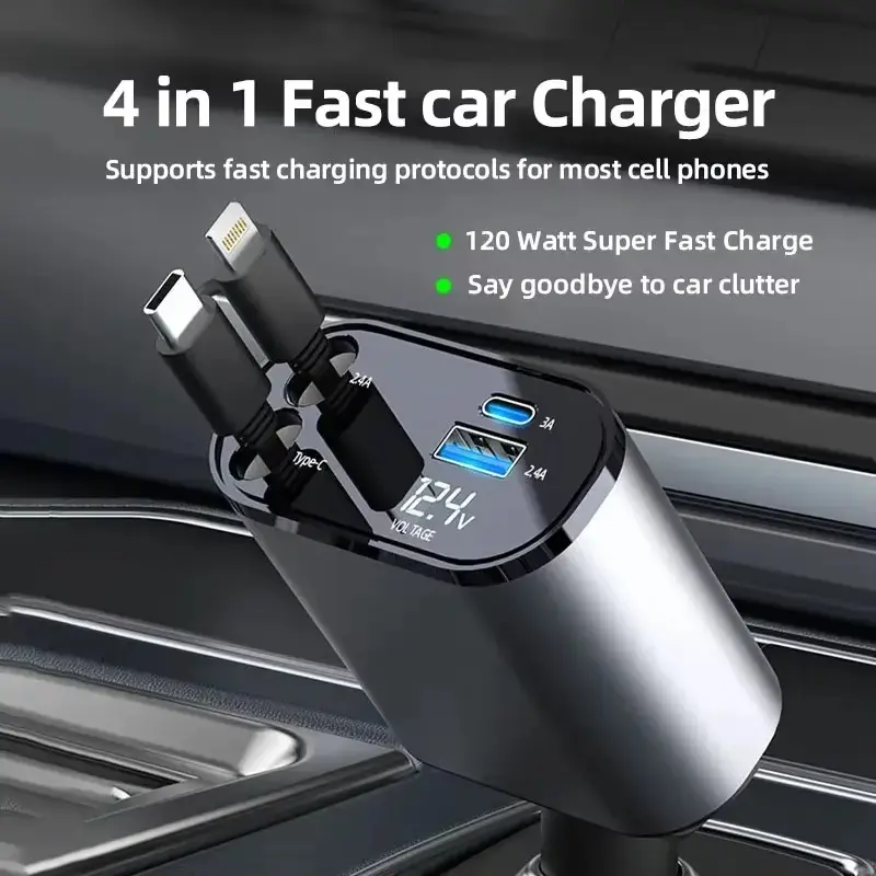 【Summer Survivals】Joytutus 120W Max Charger Retractable 4-in-1 Car Charging Cable & 4-Port Adapter for iPhone Galaxy Pixel Safe Reliable Car Plug Carcharger with Dual Type-C Cables and Ultra-Fast Charging for Laptops Usb Car Connector,car accessories