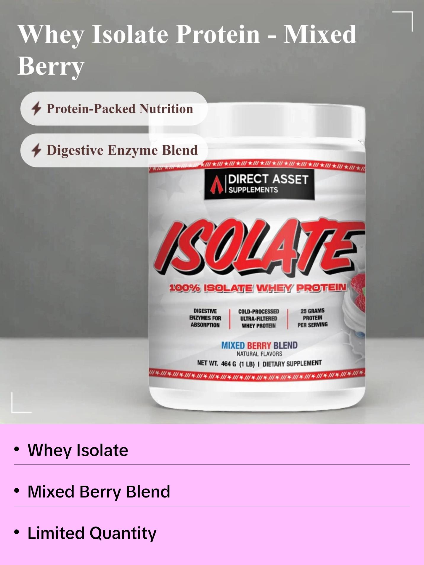 Direct Asset Whey Isolate Mixed Berry Protein 200g - Mixed Berry Blend for Dietary Supplementation, Ideal for Fitness and Health