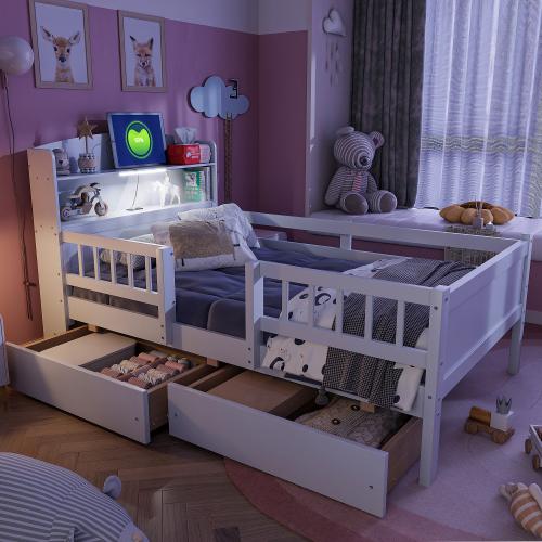 [Bellemave]Wood Twin Size Platform Bed with Built-in LED Light, Multi-functional Headboard, Guardrail and 2 Drawers, White