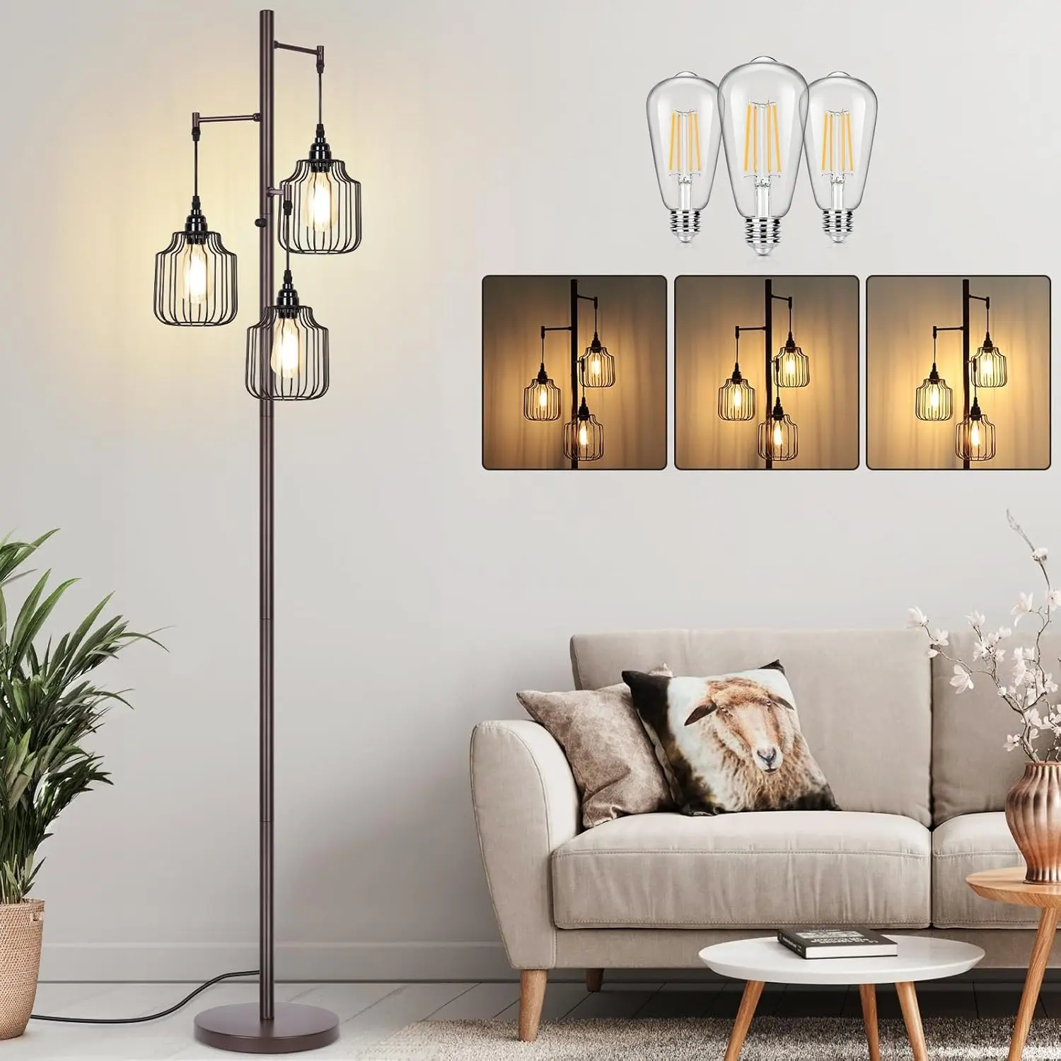 MATULSA 3 Head Dimmable Floor Lamp, Farmhouse Tall Standing Lamp for Living Room, Modern Tree Floor Lamp, Bright Vintage Pole Light with Cage Shades for Bedroom Home Decor
