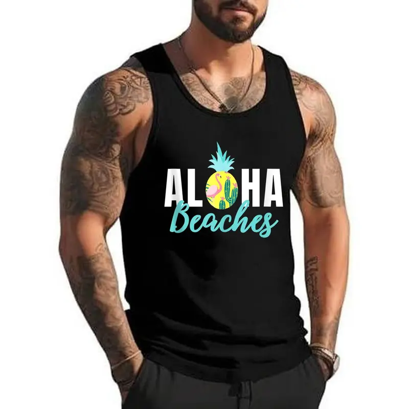 Style A H128 Funny Aloha Beaches Pineapple Hawaiian Men Women Gift Tank Top , Summer Gym Muscle Sleeveless, Casual Knitted Slim Fit Beach Tank top Fabric Menswear