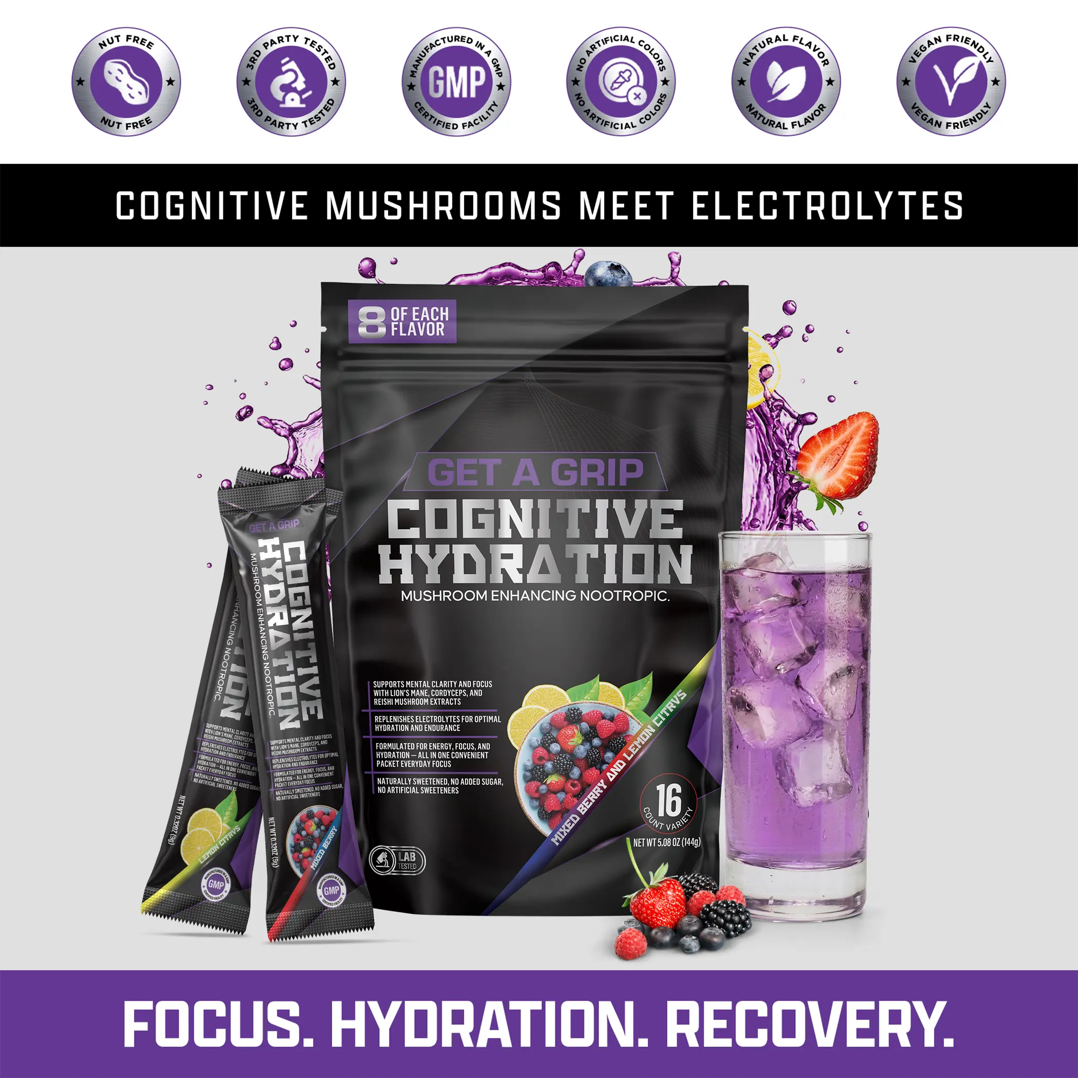 Get A Grip Electrolyte Powder with Lion’s Mane & Cordyceps – 16 Count Sugar-Free Keto Drink for Hydration & Focus