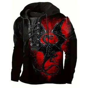 MensDragonPrintHoodie-StylishLace-UpClosure,CozyHoodedSweatshirtwithEye-CatchingGraphicDesign-PerfectforCasualEverydayWear