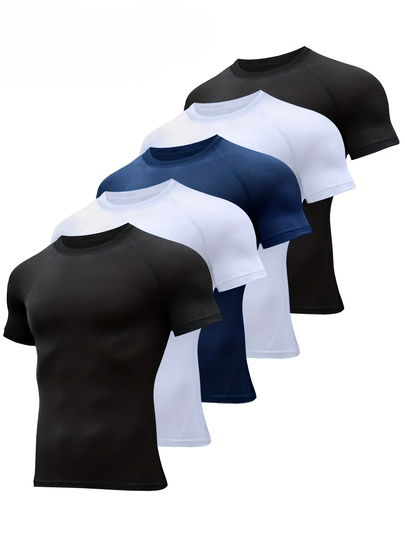 Men's 5-Piece Slim-Fit Short-Sleeve Compression Sports T-Shirt Set - Athletic Top, Fitness Apparel, Activewear Clothes for Fitness, Daily Activities (Black, White, Navy)