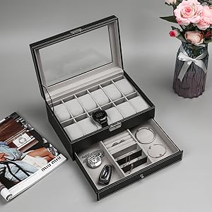 [fathersdaygift] #MemorialDaySale 12 Slot PU Leather Lockable Watch Storage Boxes, Men & Women Jewelry Display Drawer Case, 2-tier Organizer Watch Showcase with Glass Lid Jewellery