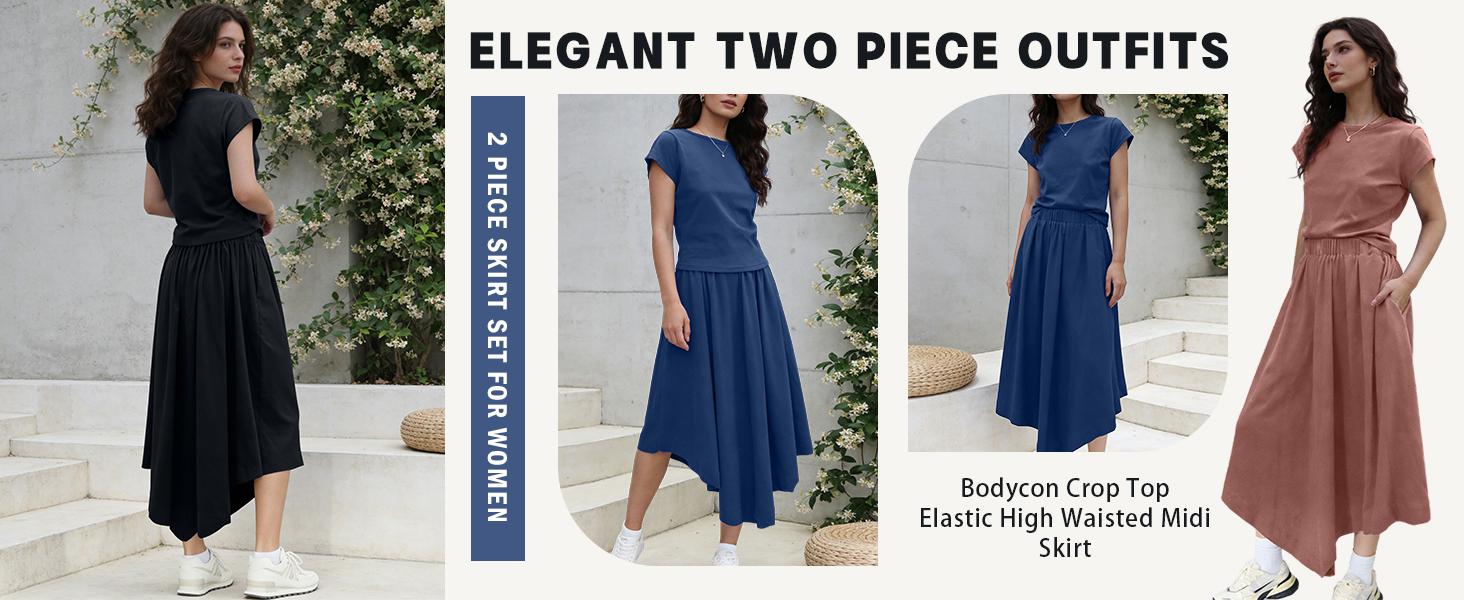 SCUSTY Women‘s Minimalist Cap Sleeve T-shirt + Asymmetrical Hem Midi Skirt Two-Piece Set, Solid Color Elastic Waist Casual Skirt Outfit