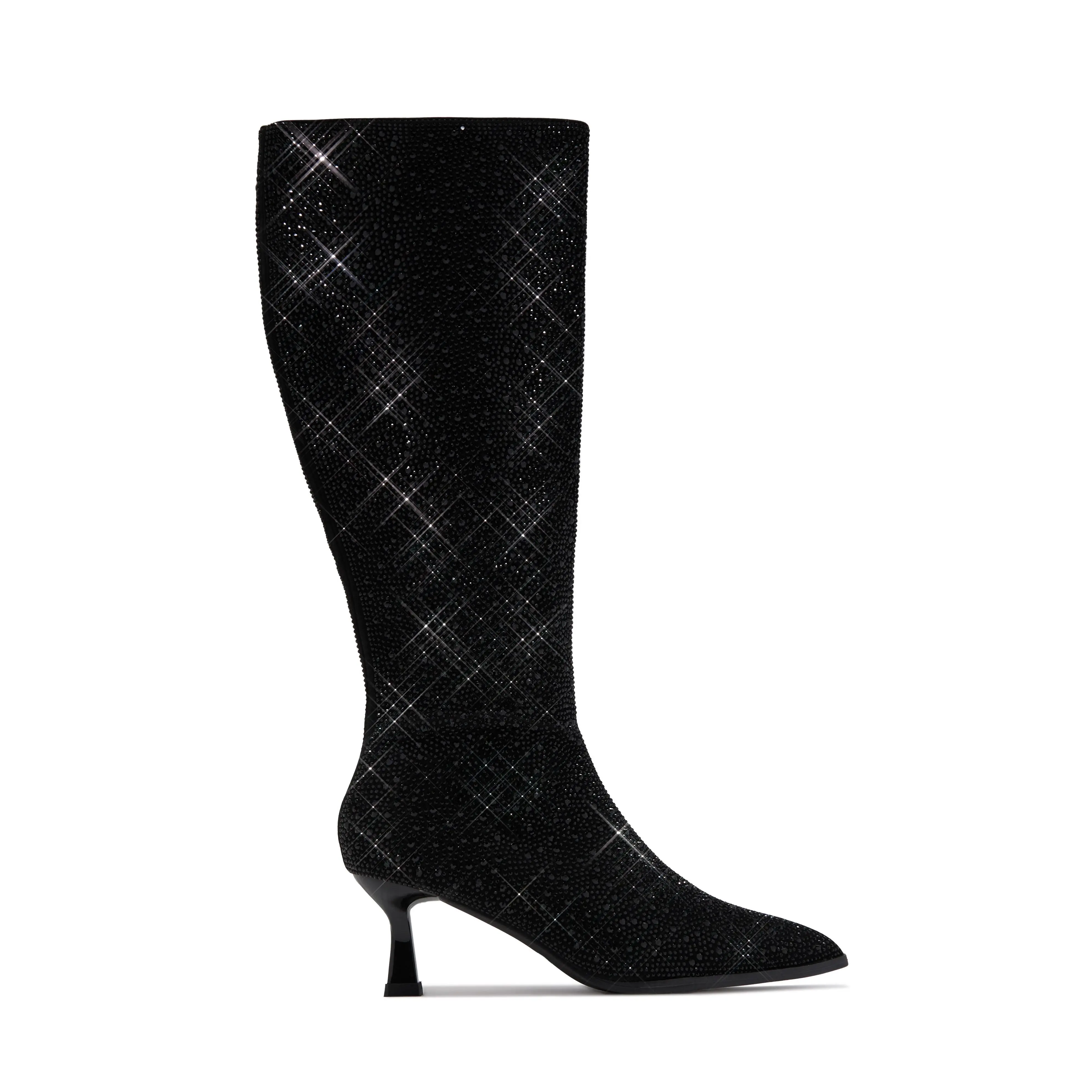 Elvia Embellished Kitten Heel Boots - Black