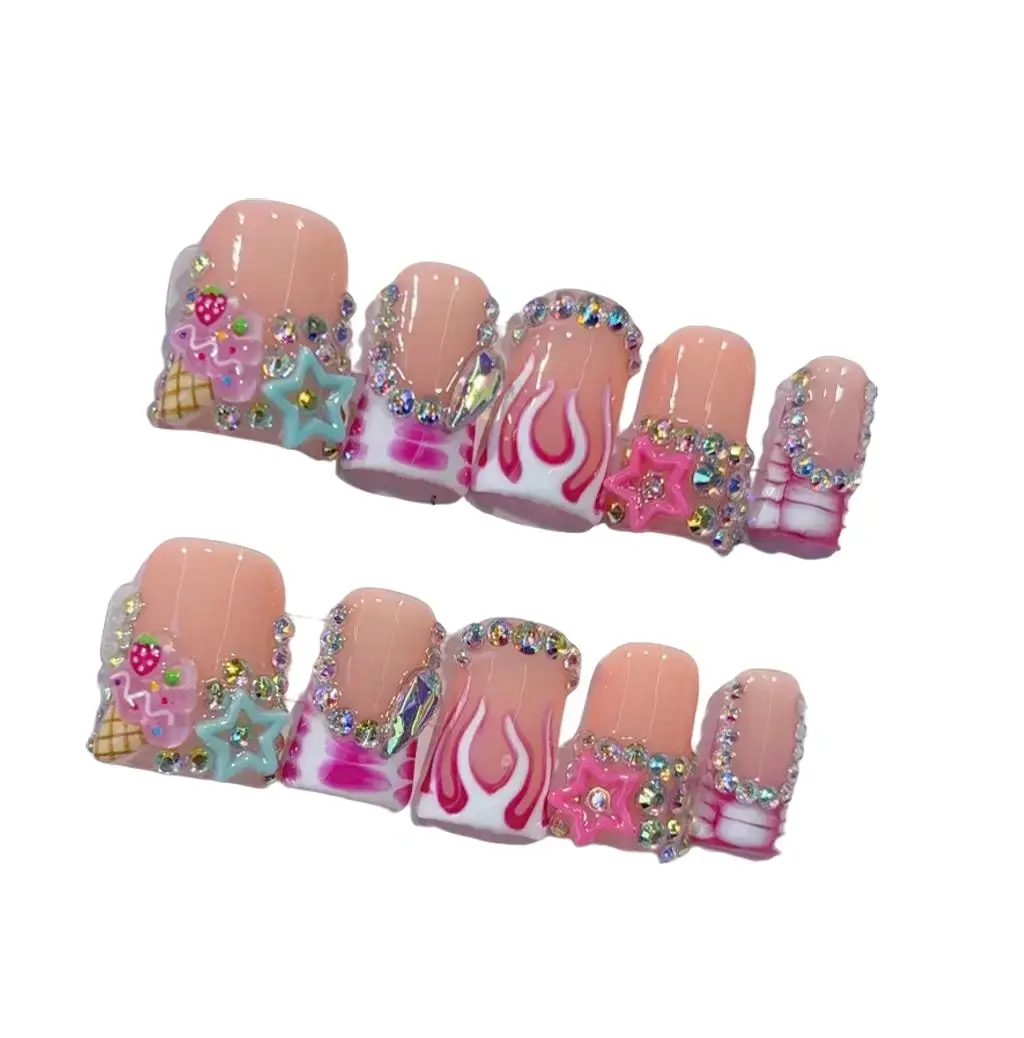 10Pcs Handmade Press on Nails Kit Short Duck Pink White Cute Rhinestone Decor Elegant Y2K French 2026 New Design Sumer Spring NailartBox Included