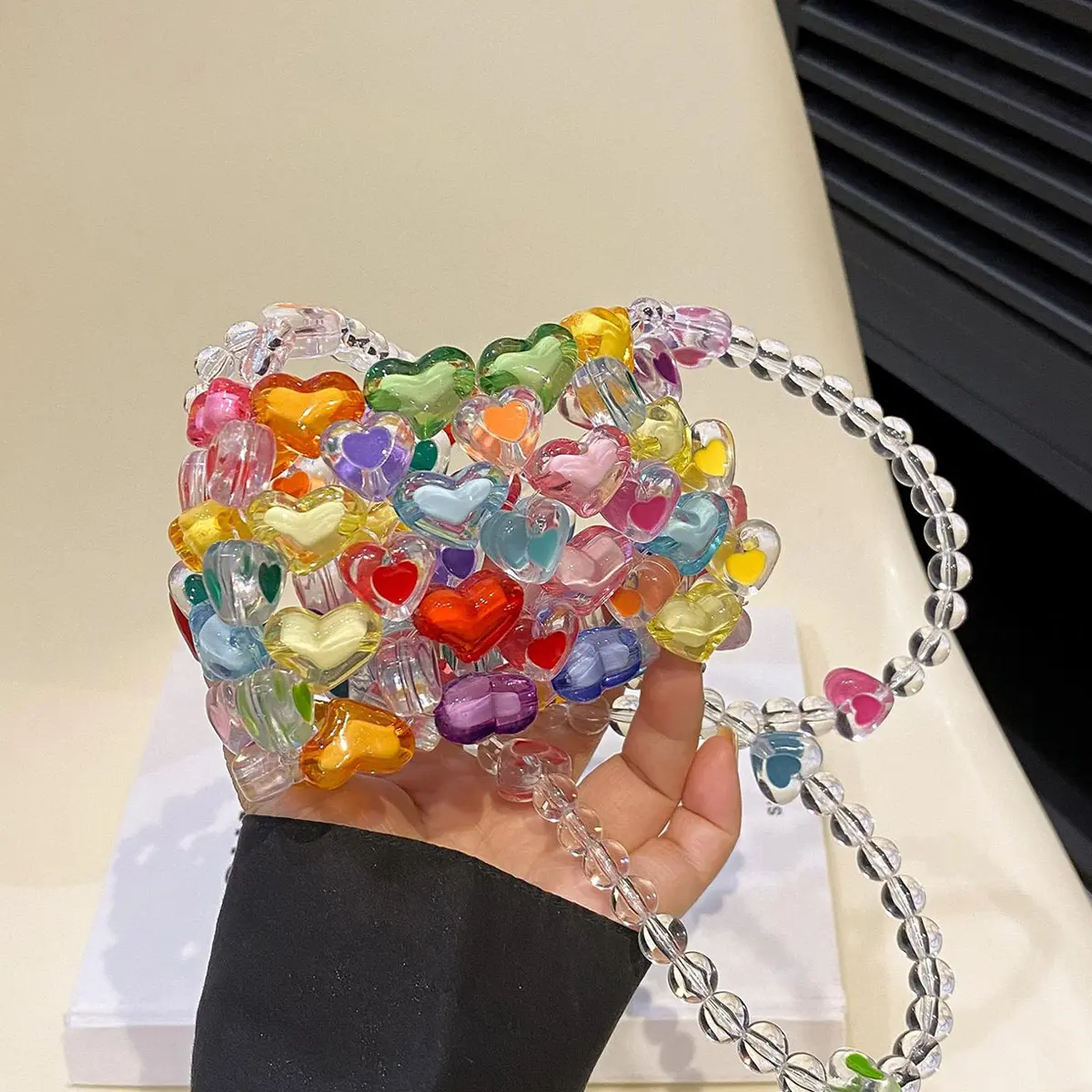 Women's Fashionable Patterned Lightweight Heart-Shaped Mini Candy Color Jelly Crossbody Bag, Acrylic Coin Pouch with Beaded Strap for Evening, Party, Fashionable Patterned Bag, Lightweight Shoulder Bag
