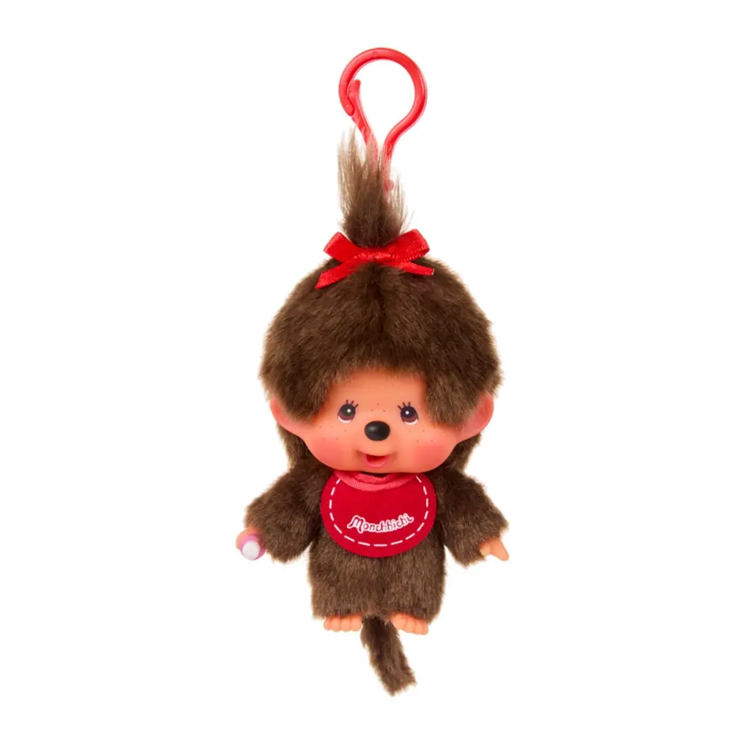 Monchhichi Classic Girl Keychain, Retro Style Collector's Edition Plush with Red Bow, Kawaii Accessories for Bags