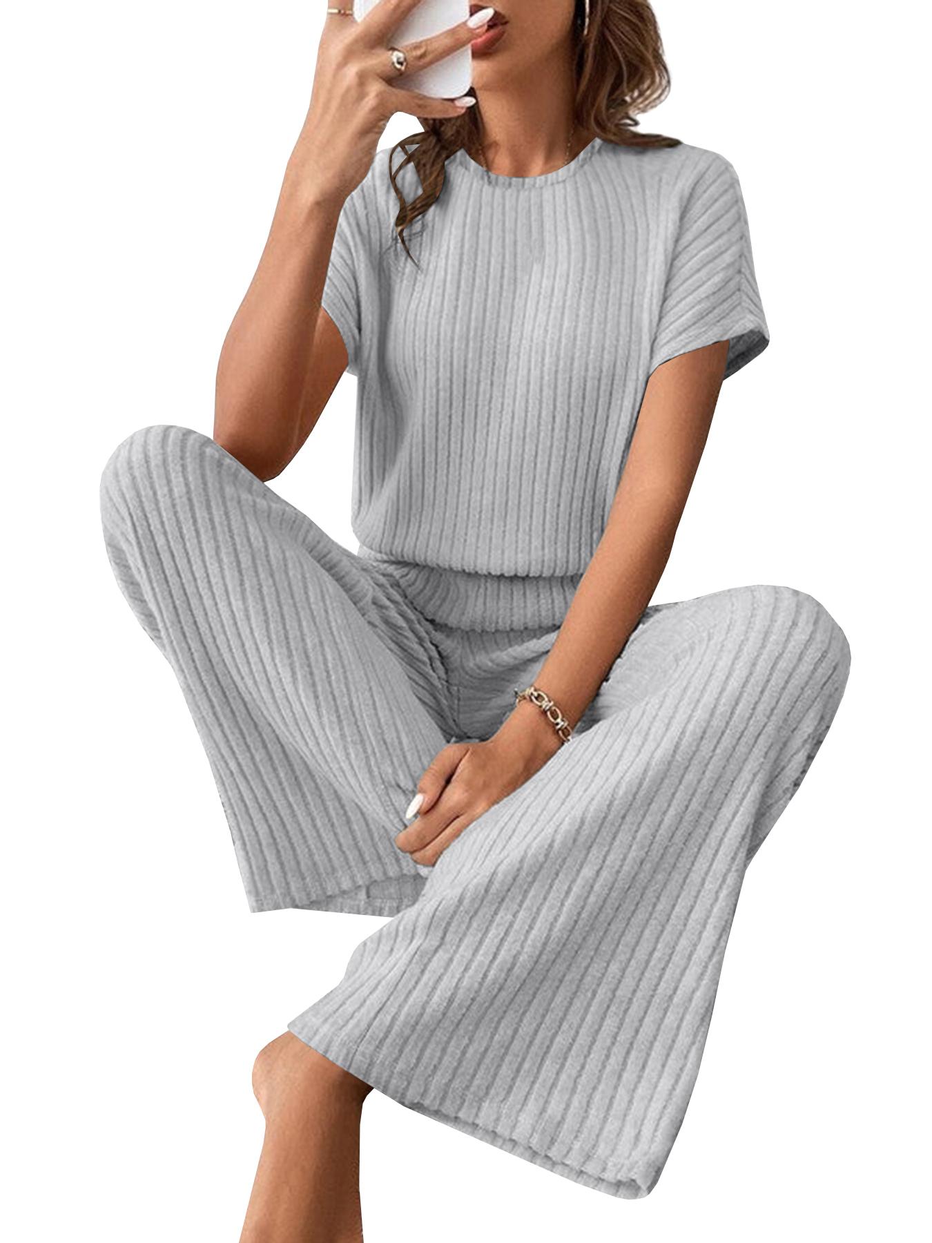 Women's Solid Shortsleeve Crewneck Ribbed Top & Wide Leg Pants Minimalist Casual Fitted Fashion Cozy Top & Trousers for Daily Outdoor Wear Ladies Clothes for Summer Womenswear Yoga Clothes Set Black Batwing Suits Suits