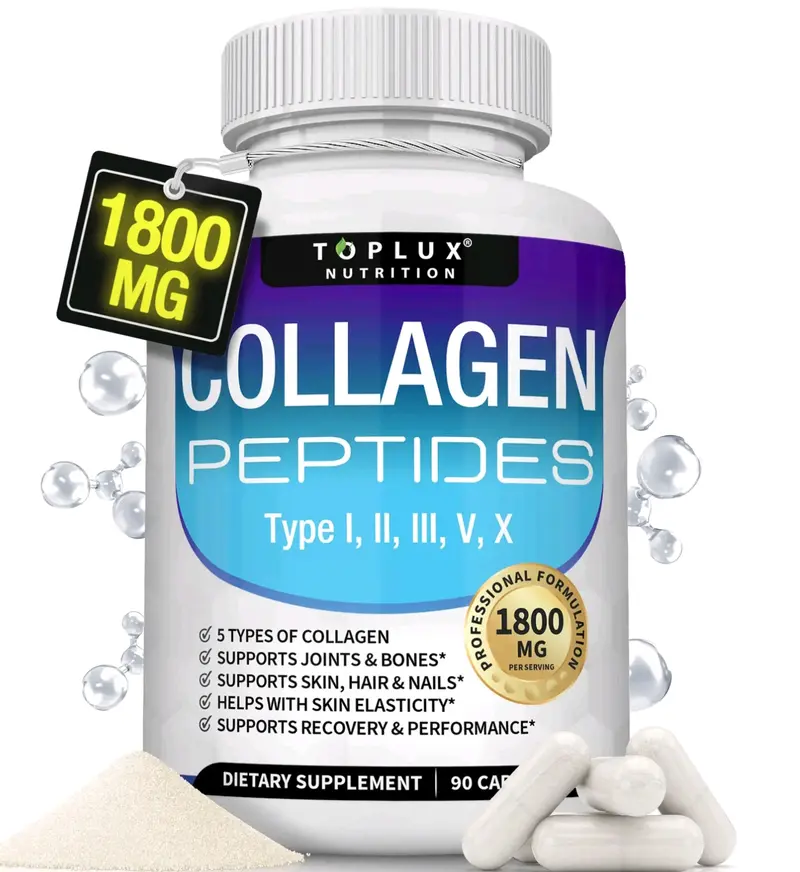 3BE-Toplux Nutrition Collagen Peptides 5 Types Complex 1800mg US Made Dietary Supplement for Health Beauty Fitness 90 Capsules Healthcare Edible Healthy