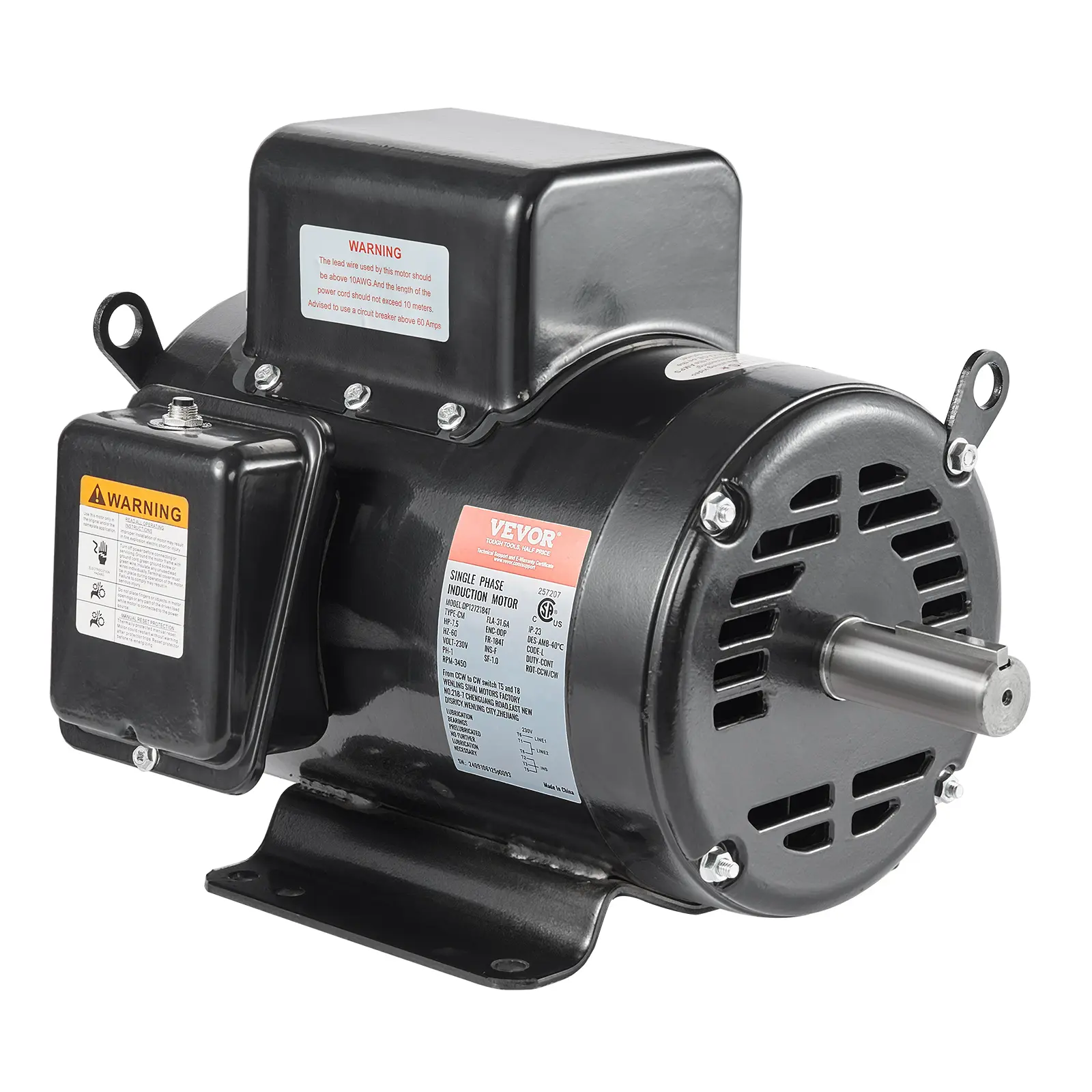 【Summerfinds】VEVOR 7.5HP Air Compressor Motor,230V 31.6 Amps Electric Motor3450RPM 184T Frame1-1/8" Keyed Shaft2.75" Shaft Length for Air CompressorsSingle PhaseCCW/CCW (Factory Setting is CCW)
