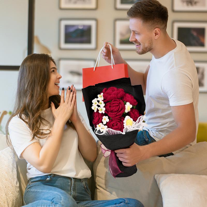 Valentine's Day Crochet Flower Bouquet Red Rose, Handmade Knitted Flowers for Valentine Home Decor, Birthday, Wedding, Anniversary, Graduation Gift for Her, Girlfriend, Wife, Women