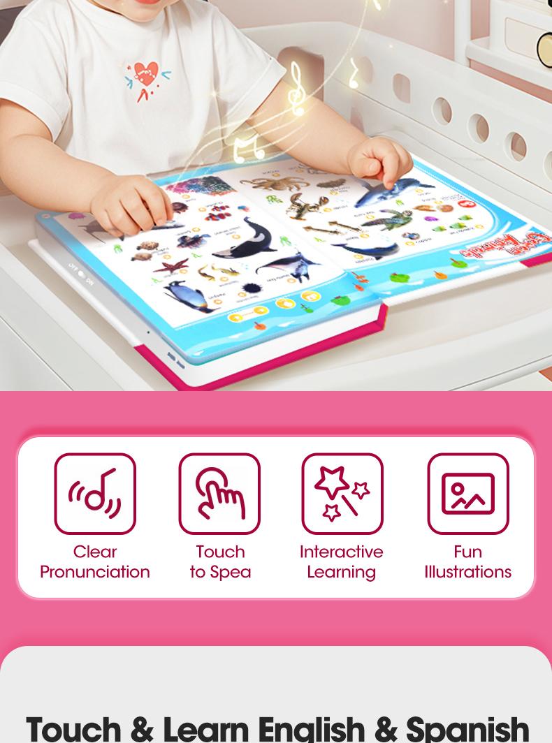 Interactive Talking Sound Picture Book for Kids , Spanish & English Bilingual, 300+ Words15 Themes6 Songs Q&A Learning Games, Screen-Free Preschool Educational Toy for Toddlers, Early Learning at Home & Travel, Valentines Day Gifts for Kids