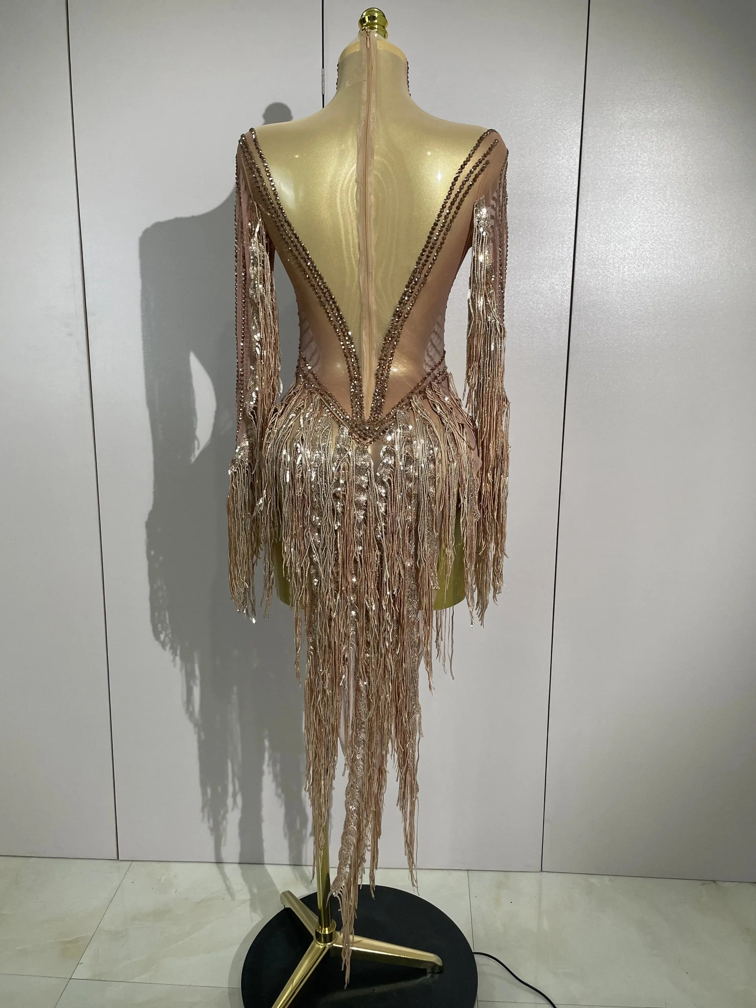 Women's Formal Long-Sleeve Sheer Mesh Dress with Sparkly Rhinestones,  Sequins, and Tassel Detail - TikTok Shop