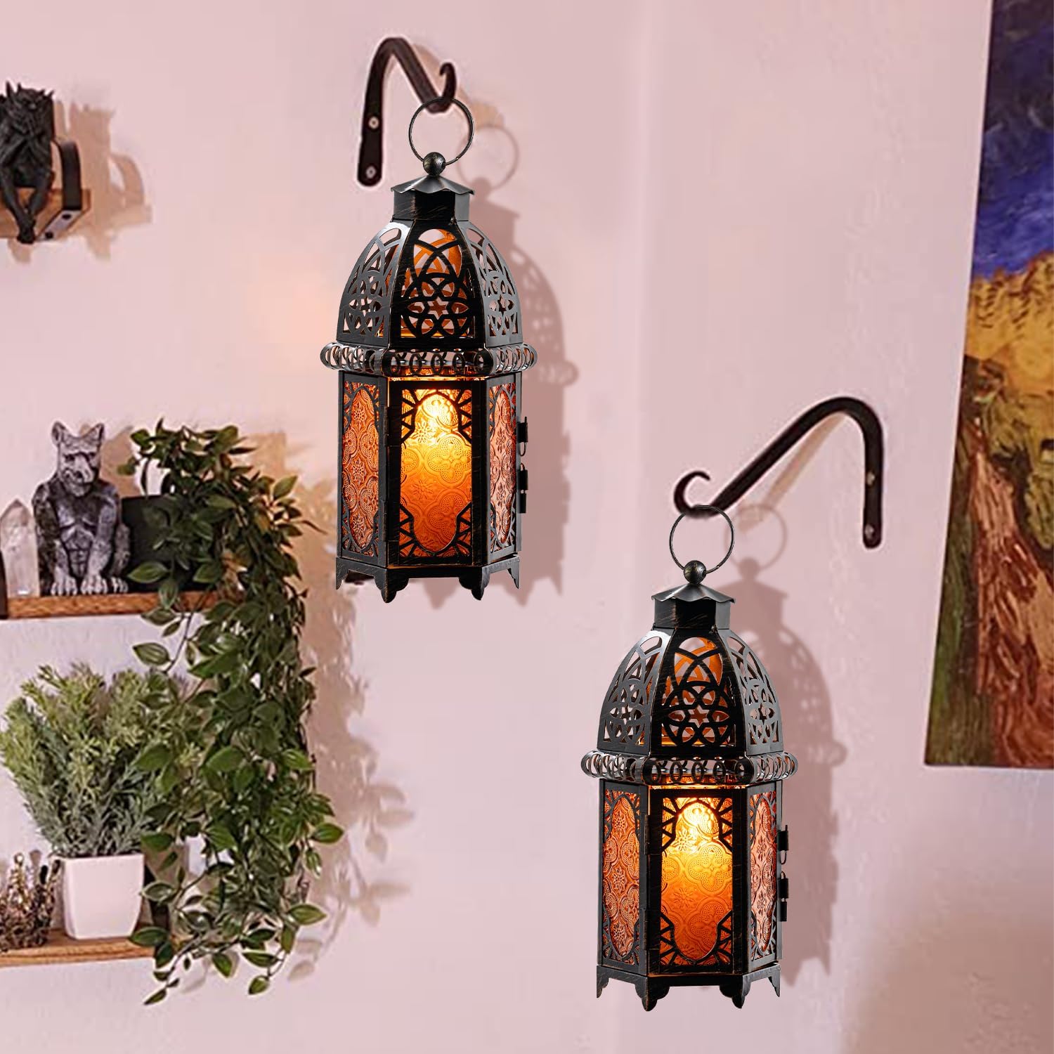 Vintage Large Size Decorative Moroccan Candle Lantern, 12.8’’ Metal Hanging&Tabletop Lantern Candle Holder Decor, Halloween Christmas Ramadan Decorations for Home Indoor Outdoor Patio (Amber) Ornaments