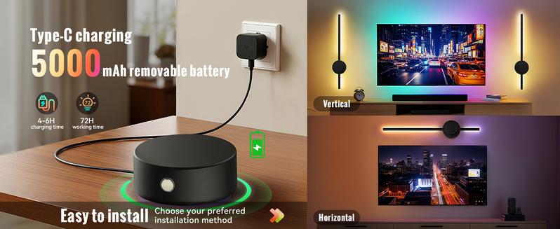 Rechargeable Wall Sconces Set of 2, Wireless Lights with Remote & Touch Control, 360° Adjustable, 3 Color Temps + RGB 16 Colors, Timer, No-Wire Install, Bedroom, Living Room, TV Wall, Hallway Lighting