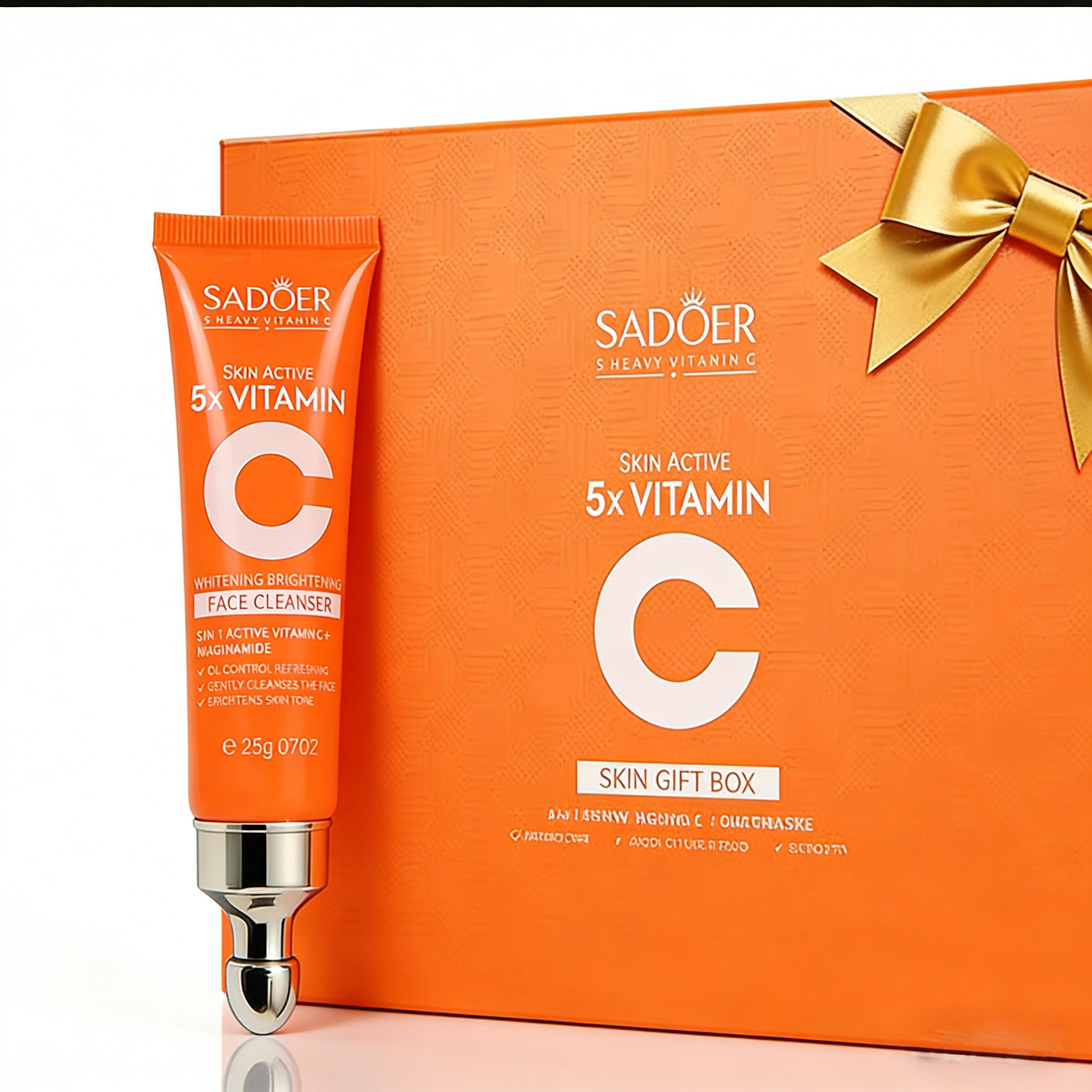 5X Vitamin C Facial Care Set 6-Piece Pack with Cleanser Toner Face Serum Cream & Eye Cream Gentle Skin Cleaning Care Travel Size Kit  for Moisturizing, Brightening, Anti-wrinkle, Radiant Glow - Daily Skincare, Best Gift Daily