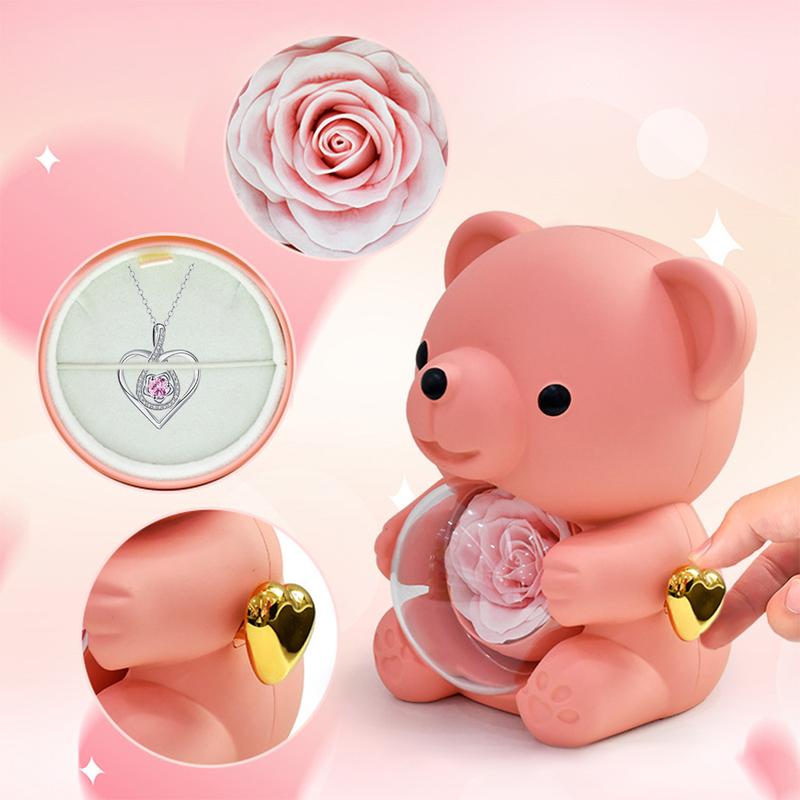 The Cutest Red Rose Bear with Heart Necklace – Elegant Flower & Rhinestone Design, Perfect Gift for Mom, Wife, or Girlfriend on Birthday, Anniversary, or Holidays (Thanksgiving, Christmas, Halloween)