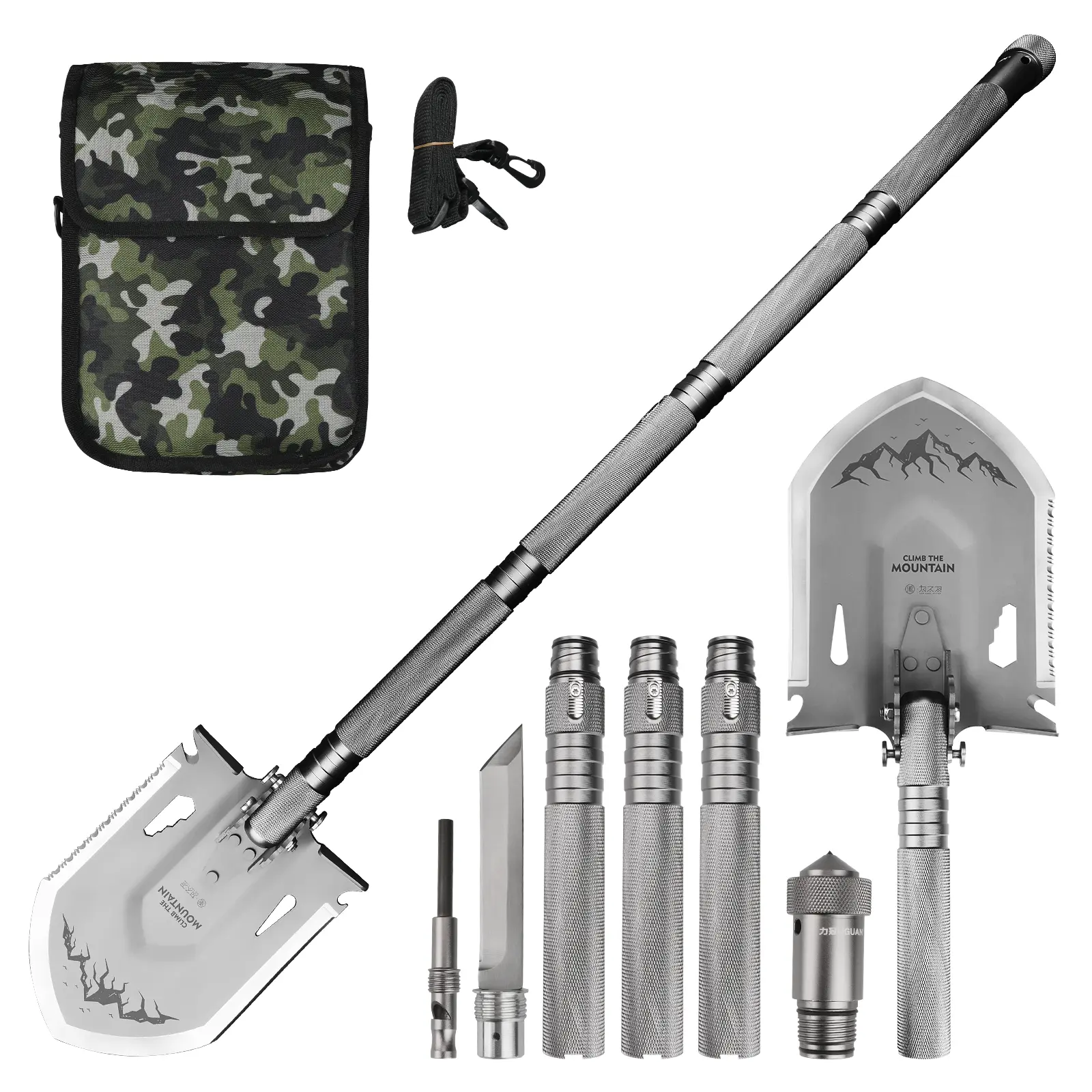 xhandle MT-20 Aluminum Outdoor Multi-Tool Shovel, 13-in-1 Folding Survival Tool with 1-Click Shovel-Pick Switch, Quick-Assembly Handle, Saw, Axe, Rope Cutter, Bottle Opener, Hex Wrench, Whistle, Glass Breaker for Camping, Off-Road Use