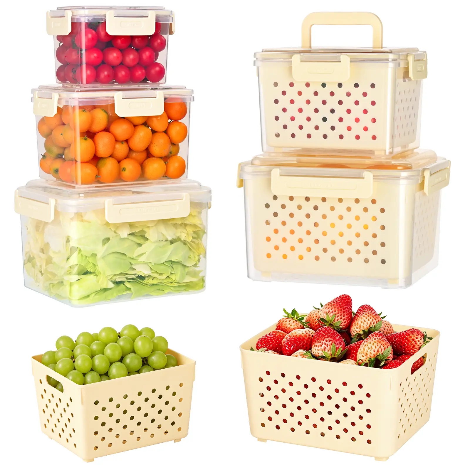6 Pack Fridge Organizers and Storage - Stackable Fruit Storage Containers for Fridge with Removable Colander, BPA-Free Food Storage Container for Salad Berry Lettuce Vegetables Meat Keeper Fresh
