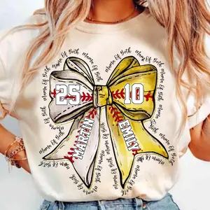 Custom Mama Of Both Softball Bow T-Shirt, Personalized Baseball Mom Shirt With Kids Name Number, Coquette Softball Game Day