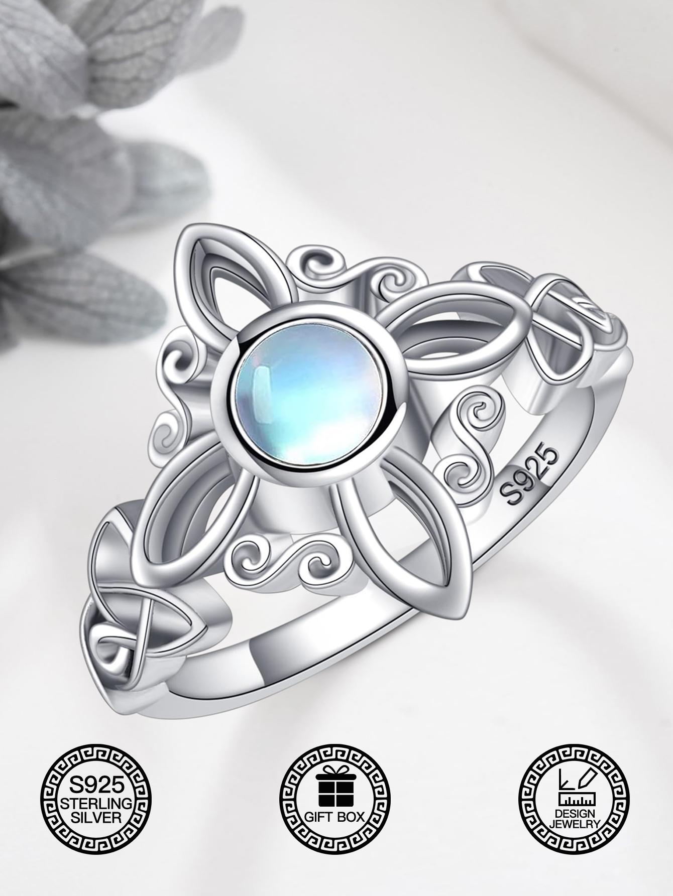 S925 Sterling Silver Celtic Knot Moonstone Ring – Elegant Vintage Floral Design for Women Jewelry Gift Box, Everyday Wear Engagement Rings