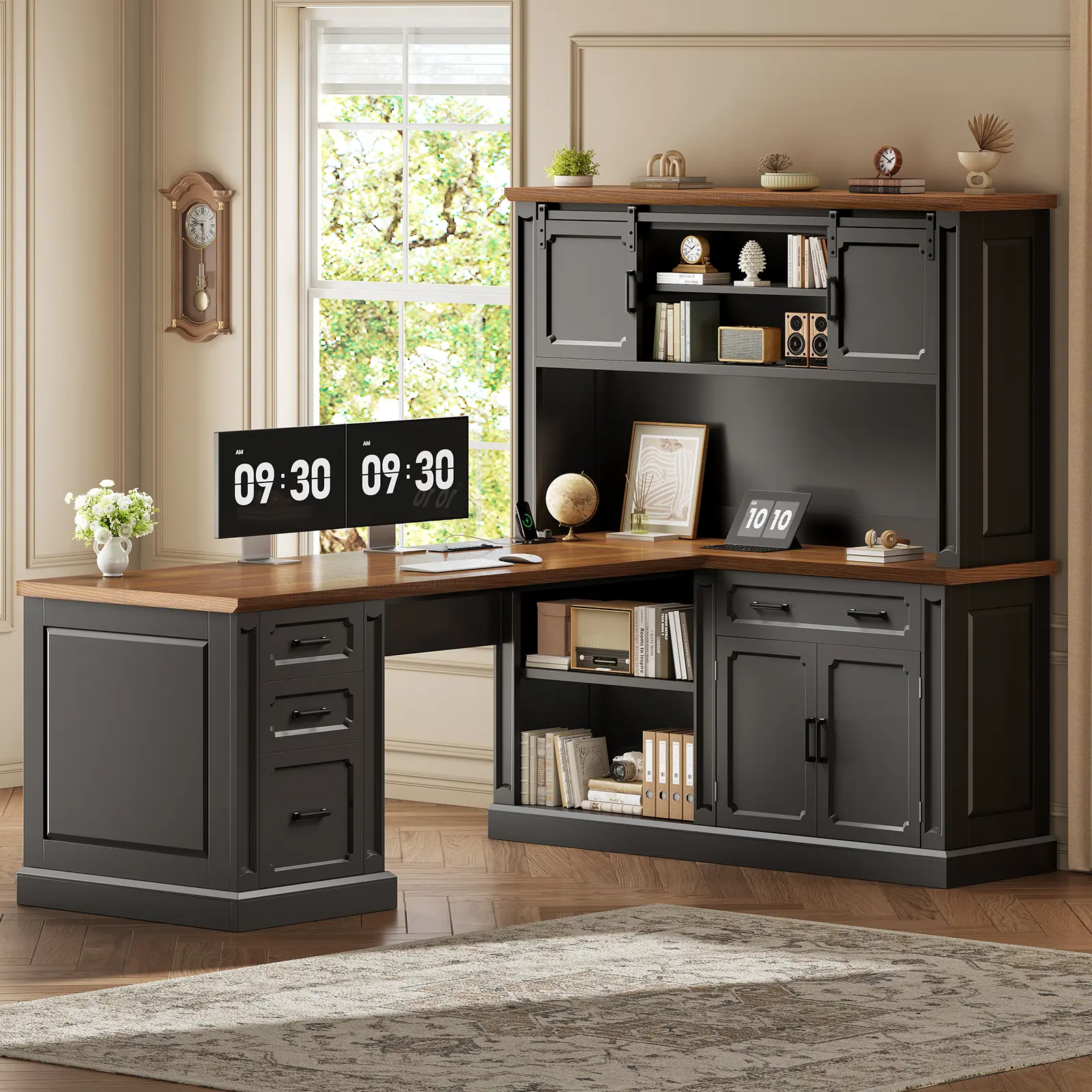 Sedeta 67-in Rustic Vintage Farmhouse L-Shape Executive Desk for Adults - Wood Grain Sturdy Office Furniture with Hutch, 4 Drawers, Sliding-Door File Cabinet, Built-In Power Outlet, Multiple Storage, Easy Dual Monitor & Gaming Desk Setup, L Shaped Desk