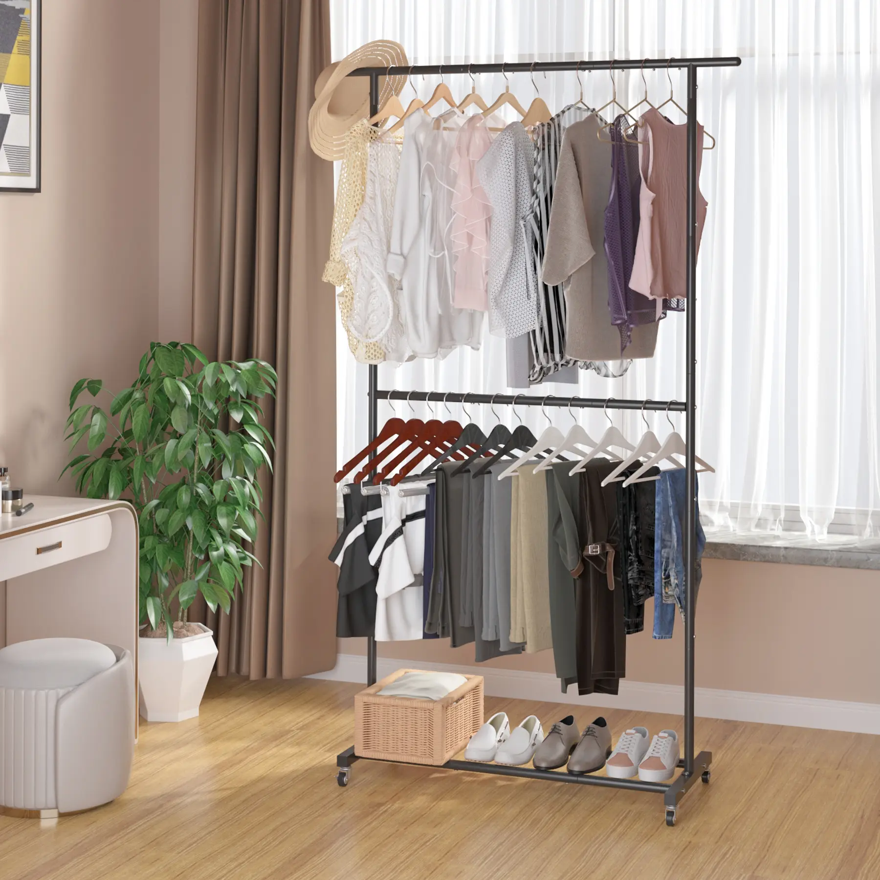 UDEAR Double Rod Clothing Garment Rack, Rolling Clothes Organizer on Wheels for Hanging Clothes and Storage Shoe, Laundry Room