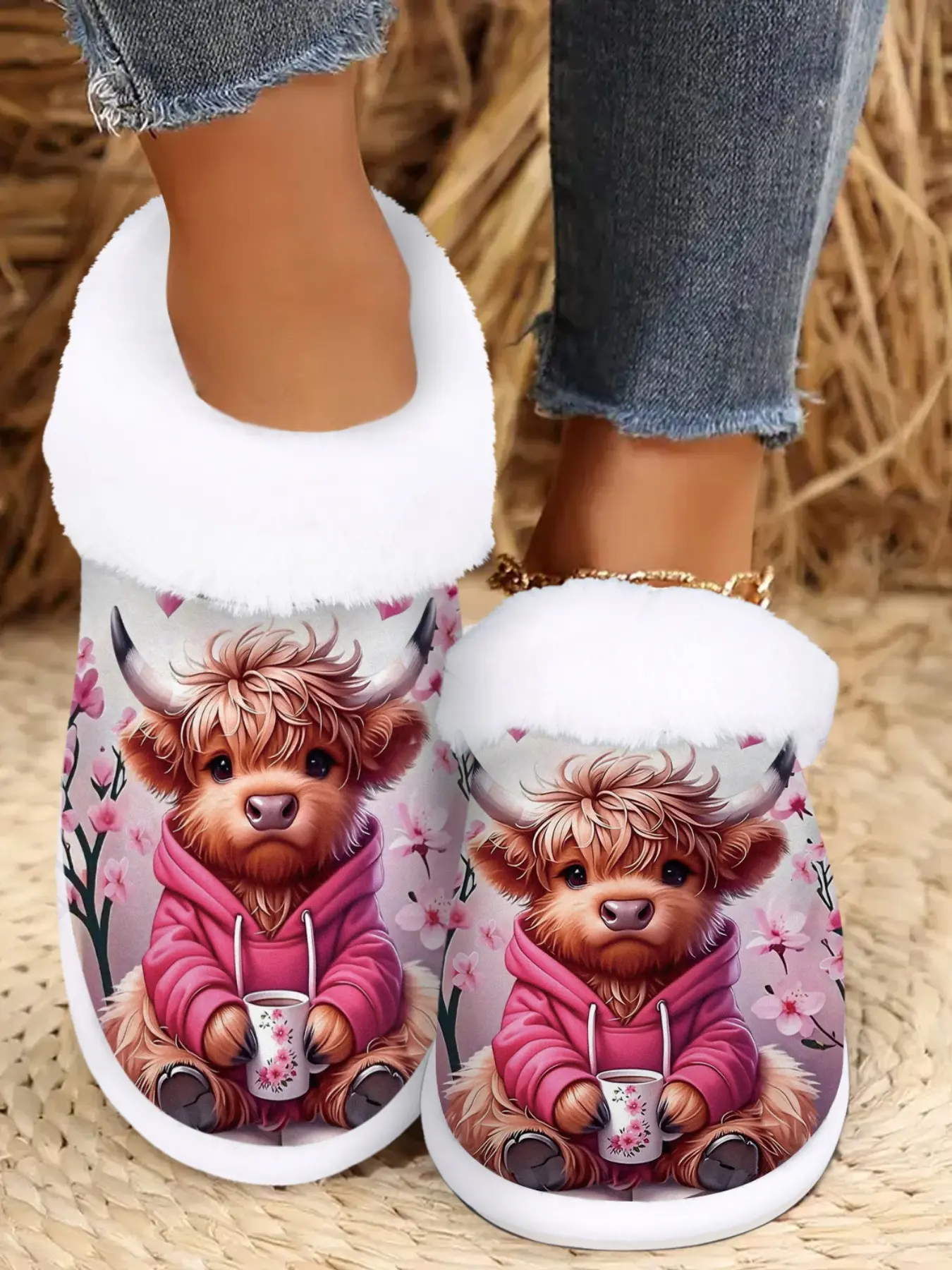 Cow Lover Gift, Winter Warm Fuzzy Indoor/outdoor Fluffy Home Slippers, Non-Slip Rubber Sole, Animal Print Design, Soft Plush Fabric, Unisex Comfort Shoe, Fluffy House Slippers, House Shoes