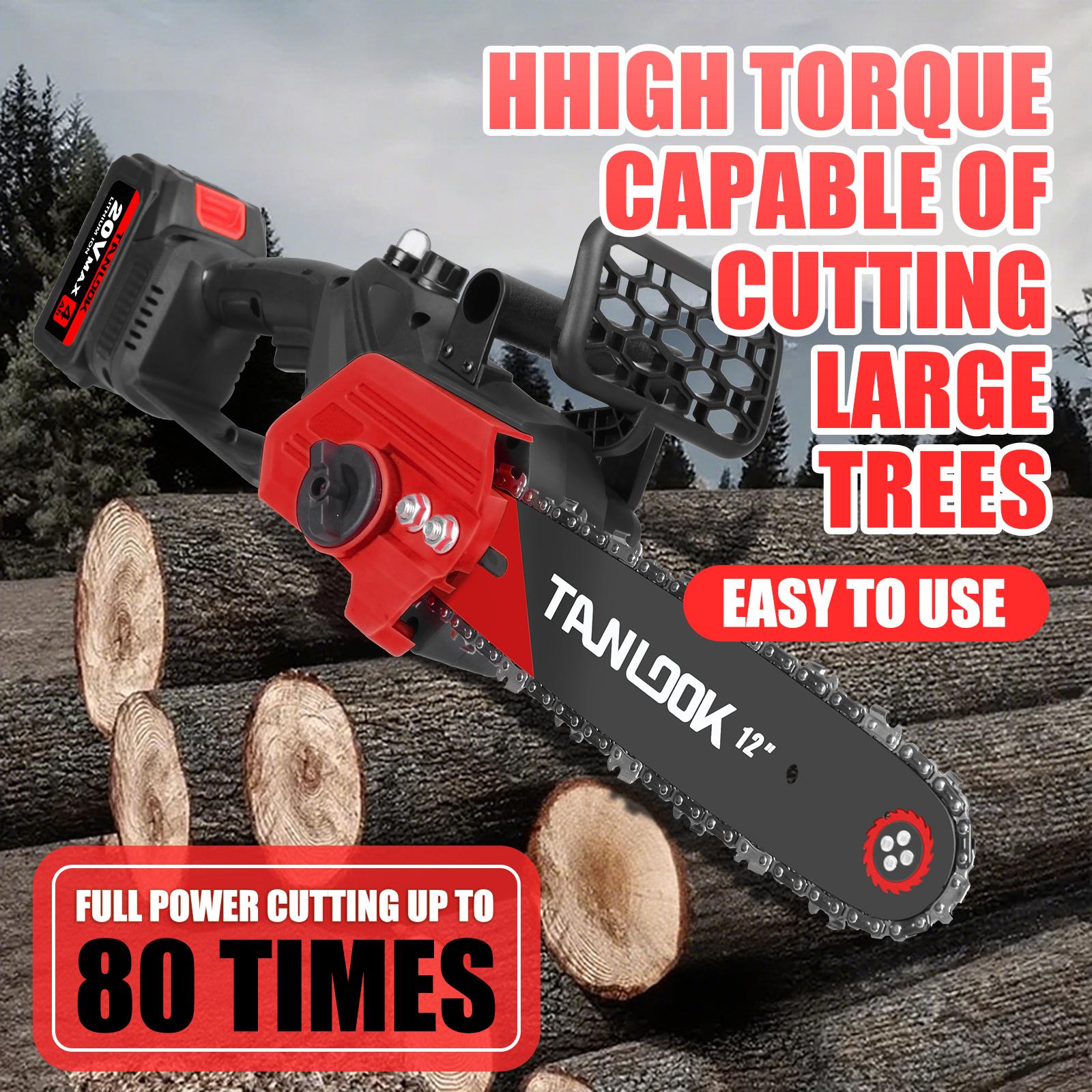 TANLOOK 12 Inch Brushless Electric Chainsaw Saw Logging Saw Pruning Woodworking Garden Power Tool 20V 2*4.0Ah Batteries Cutting Heavy Duty Portable Handle STU4