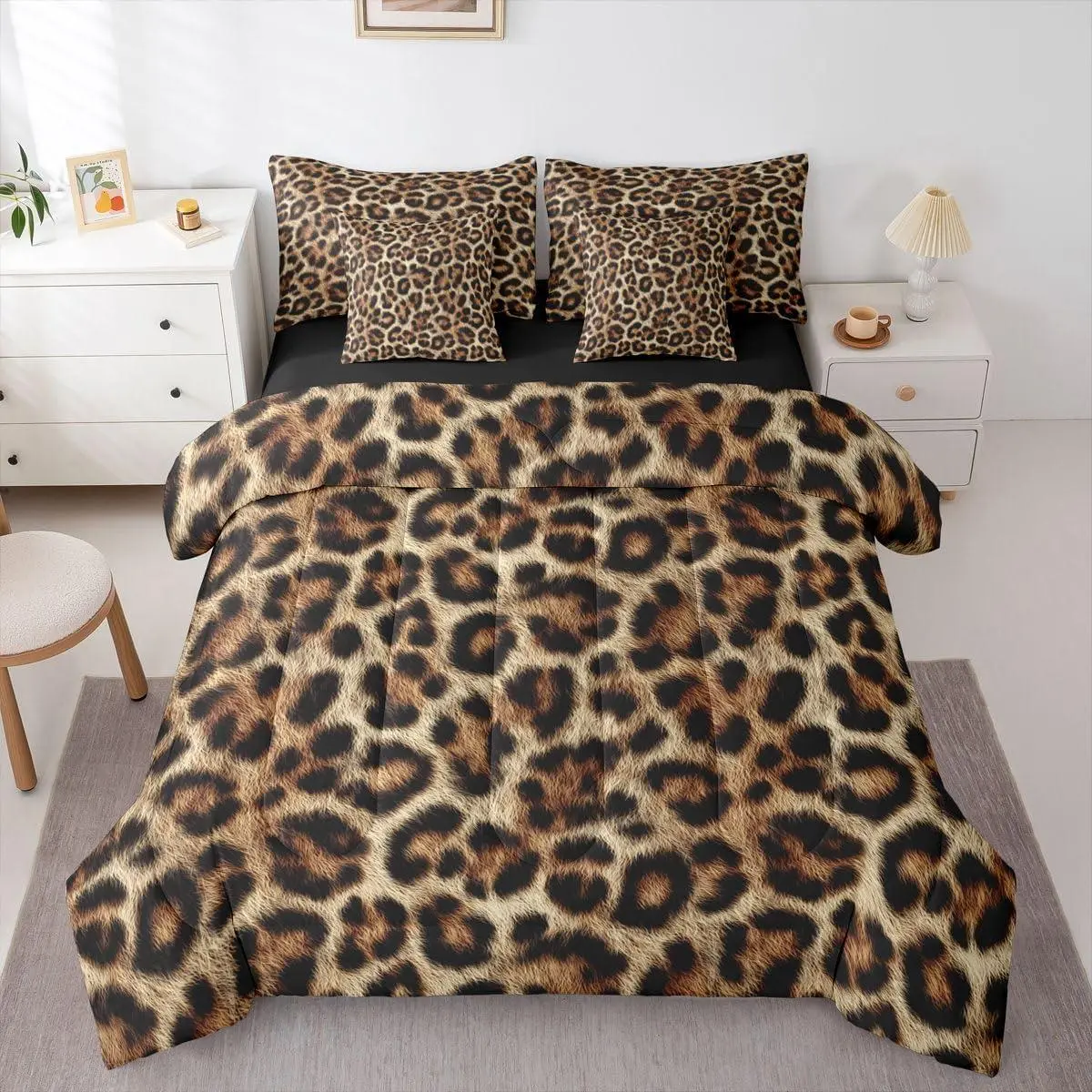Comforter Set,Leopard Print 7 Piece Bed in a Bag Wild Safari Skin Powerful Cheetah Cat Black Brown Fur Wildlife Bed in a Bag with Sheet Set & Pillowcases