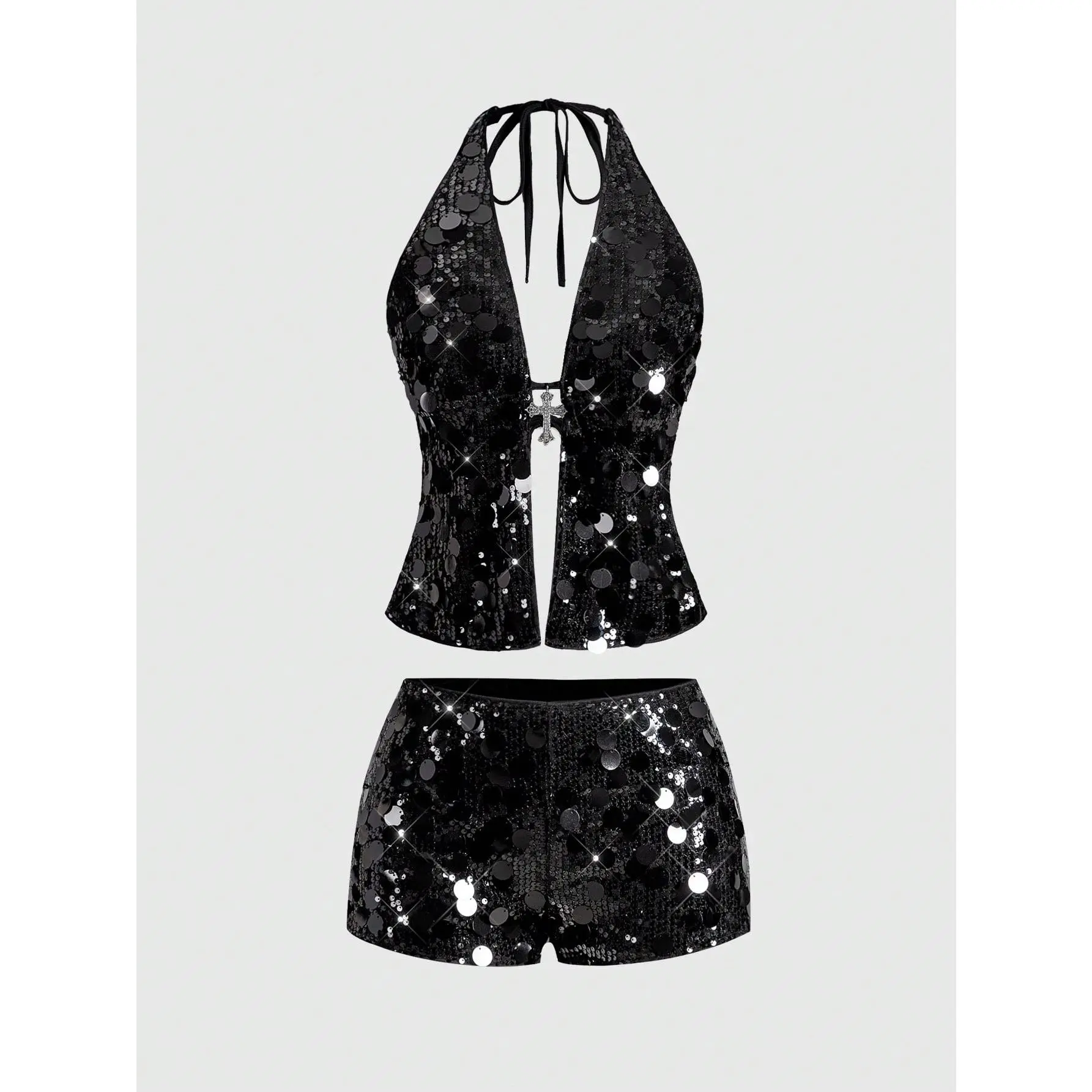 Punk Rock Aesthetic 2-Piece Set for Women with Sequin Cross Halter Top, Breathable Festival Birthday Party Outfit, Fashion Apparel, Woman 2 Piece Set, Two Piece Sets Women