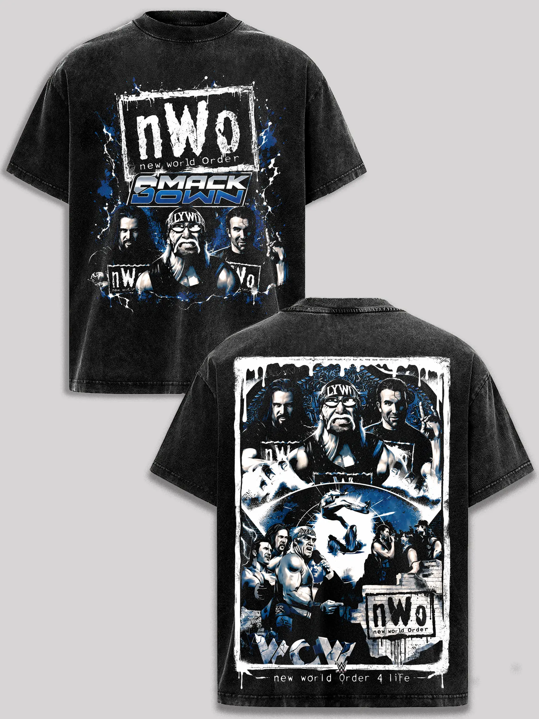 nWo New World Order SmackDown Vintage Washed T-Shirt Hulk Hogan Roman Reigns Seth Rollins Wrestling Graphic Tee WCW nWo 4 Life Retro Oversized Heavyweight 230GSM Cotton Acid Wash Black Pro Wrestling Fan Shirt Unisex men