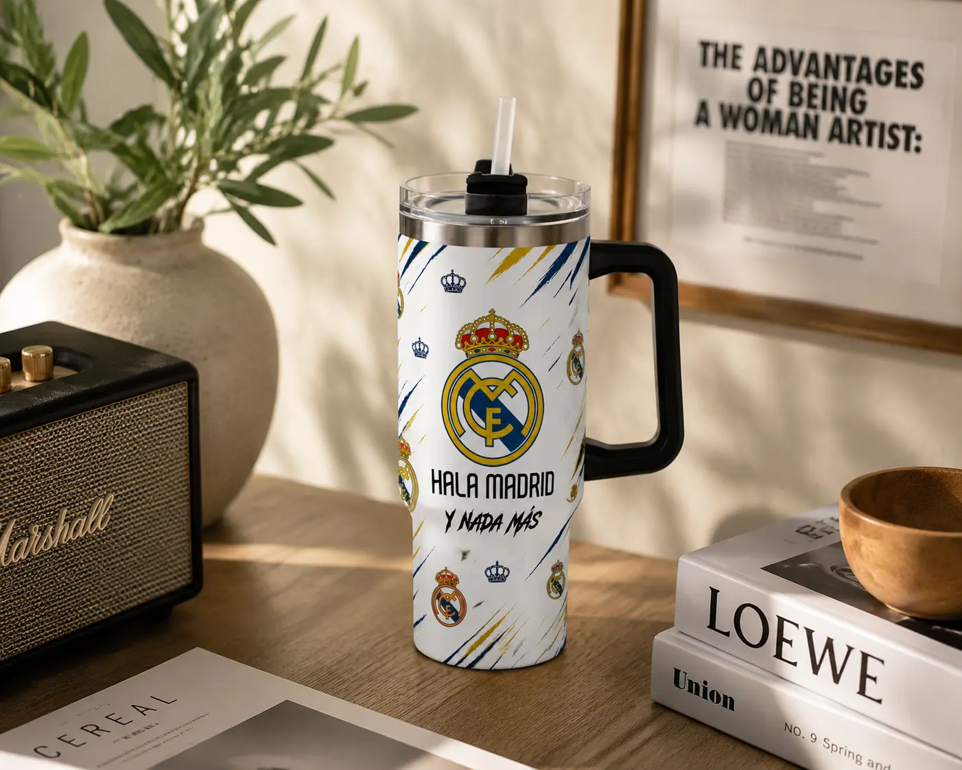 40oz Tumbler With Handle, Hala Madrid Football Insulated Stainless Steel Travel Mug, Soccer Fan Gift Cup For Men