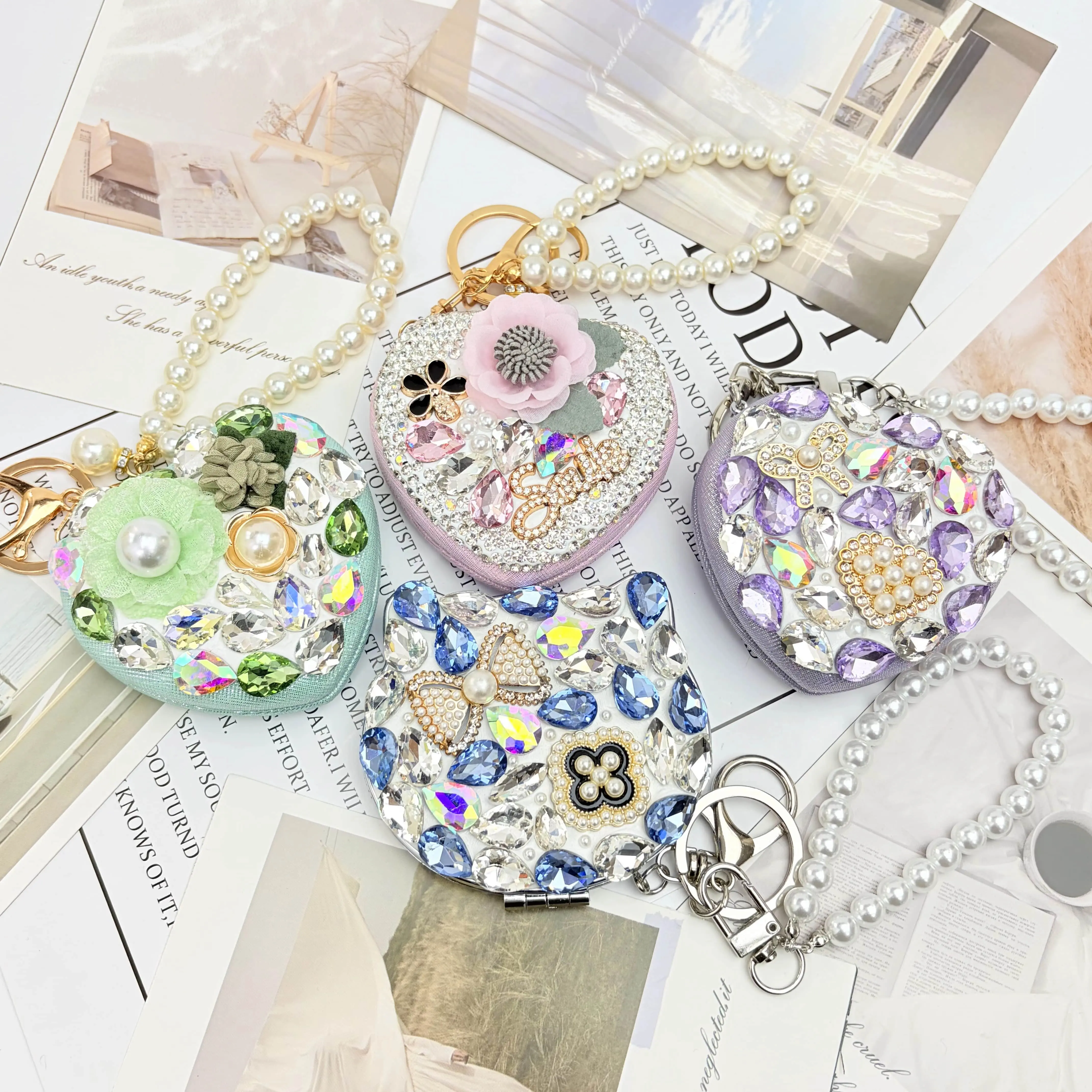 Folding Mirror, Creative Pendant, Diamond-studded Portable Touch-up Folding Mirror, Keychain, Bag Accessory, Great Gift, Suitable for Girls,Summervibes