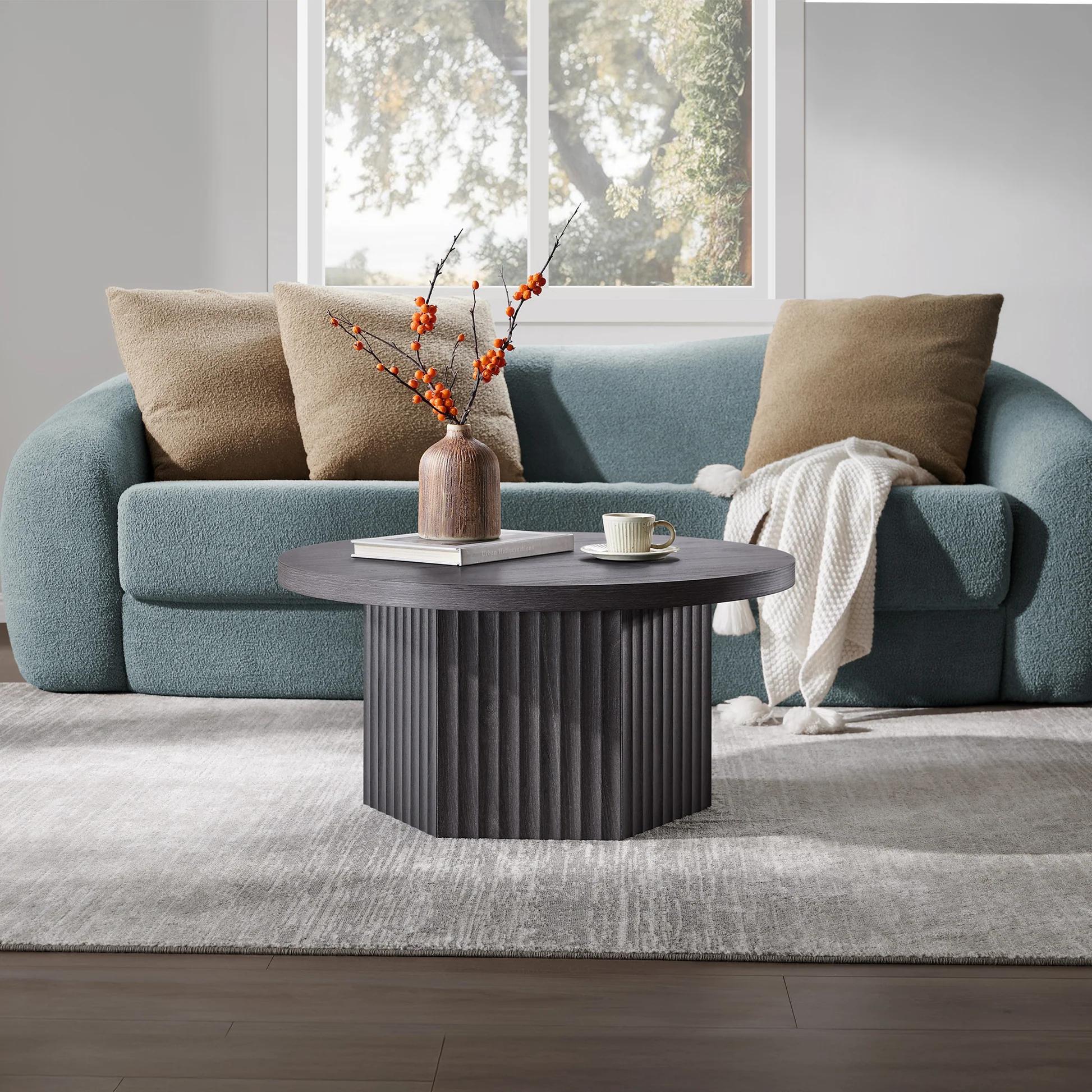 SICOTAS Round Coffee Table for Living Room, Modern Fluted Circle Center Coffee Table with Storage, 32" Accent Tea Dining Table for Apartment, Grey Alder