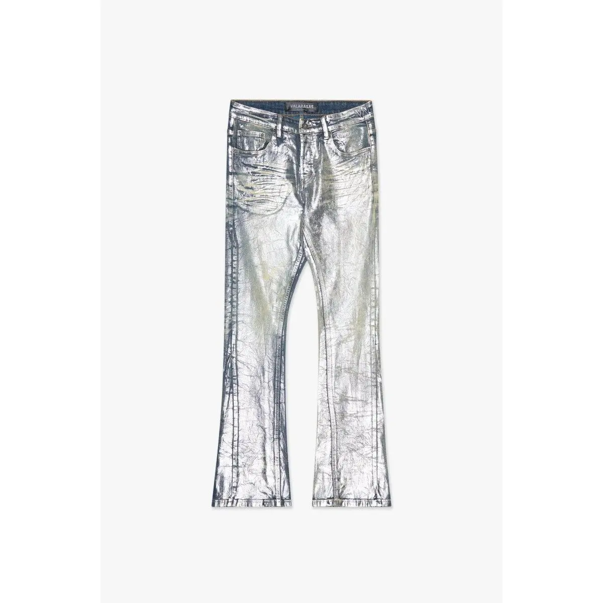 Men's Metallic Silver Waxed Stacked Jeans, Menswear Pants, Sneakers