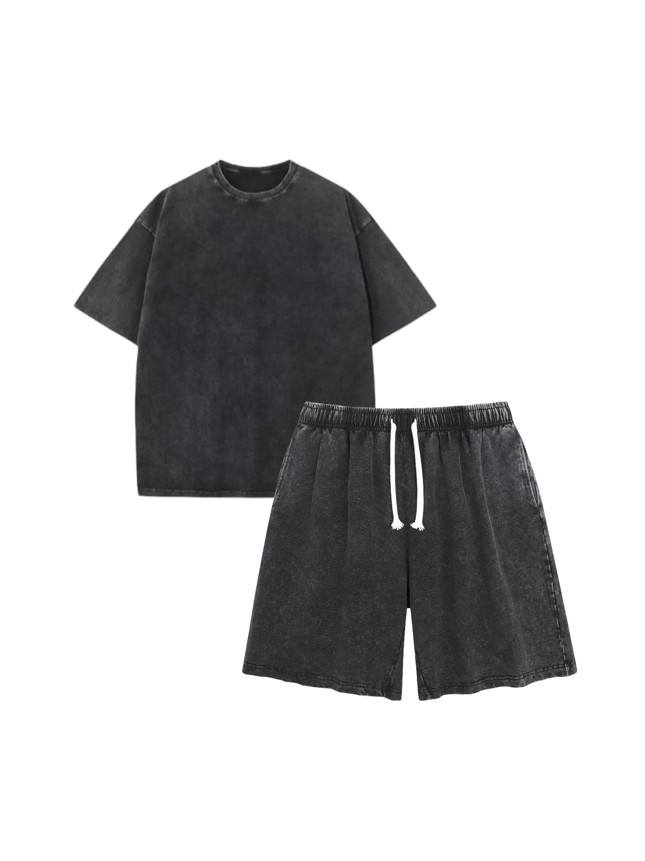 Unisex Vintage Acid Wash Oversized Tee & Drawstring Shorts 2-Piece Set, Soft Round Neck Shortsleeve Gender-Neutral Retro Y2K Grunge Streetwear, Breathable Cotton Distressed Plus Size Menswear Aesthetic Outfit for Summer, Limited Stock chill