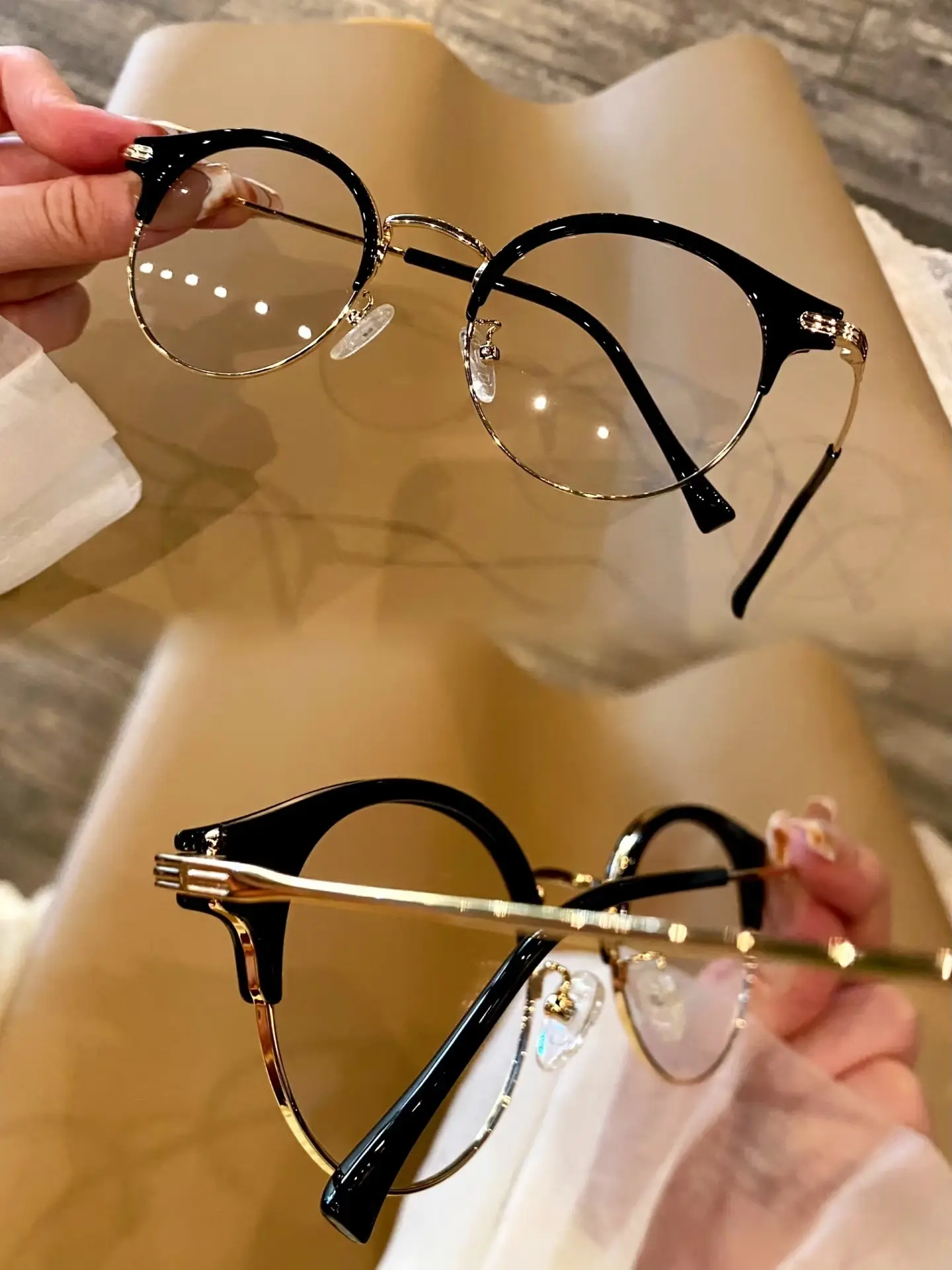 “Queen”series Cat‑Eye Browline Eyeglasses for Men Women, Black Gold Semi‑Rim Anti Blue Light Non‑Prescription Fashion Eyewear with Glasses