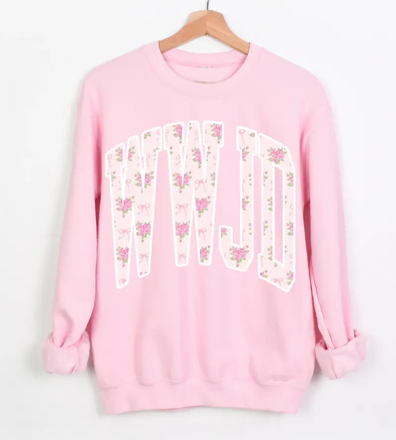 WWJD Coquette Hoodie, Pink Floral Bow Religious Christian Graphic Sweatshirt, Vintage Aesthetic Streetwear Pullover, Hooded Neck, Long Sleeve, Cotton, Gift for Aesthetic Him Her, Men And Womenswear Top