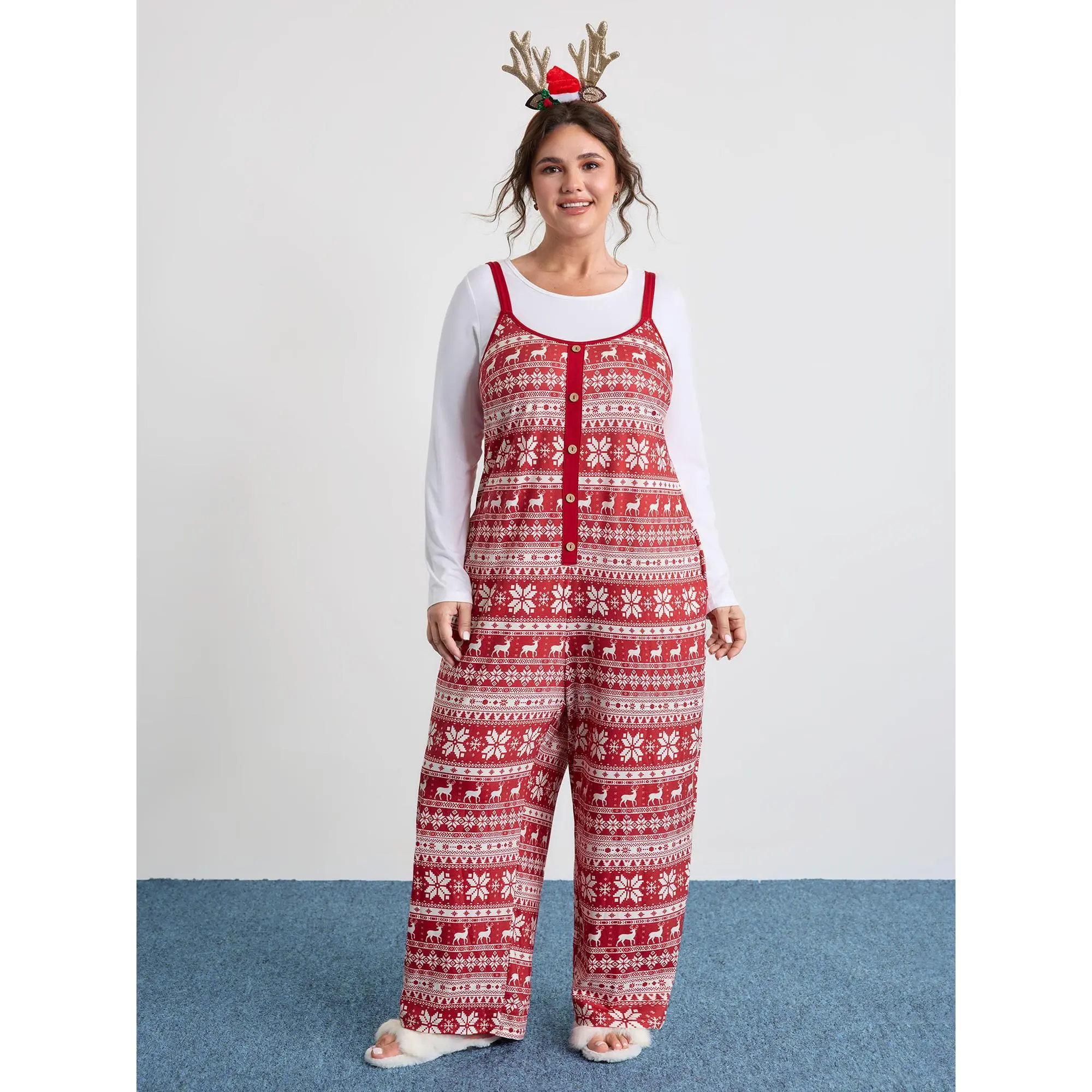 BloomChic Women's Plus Size Holiday Jumpsuit, Polyester-Cotton Fabric Festive Christmas Print Sleeveless Loungewear with Lapel Collar, Button Front, Side Pockets, Regular Fit, Stretchy 6% Spandex Medium Stretch, Low Iron, No Belt/Graphics, Size 14-16/1X,
